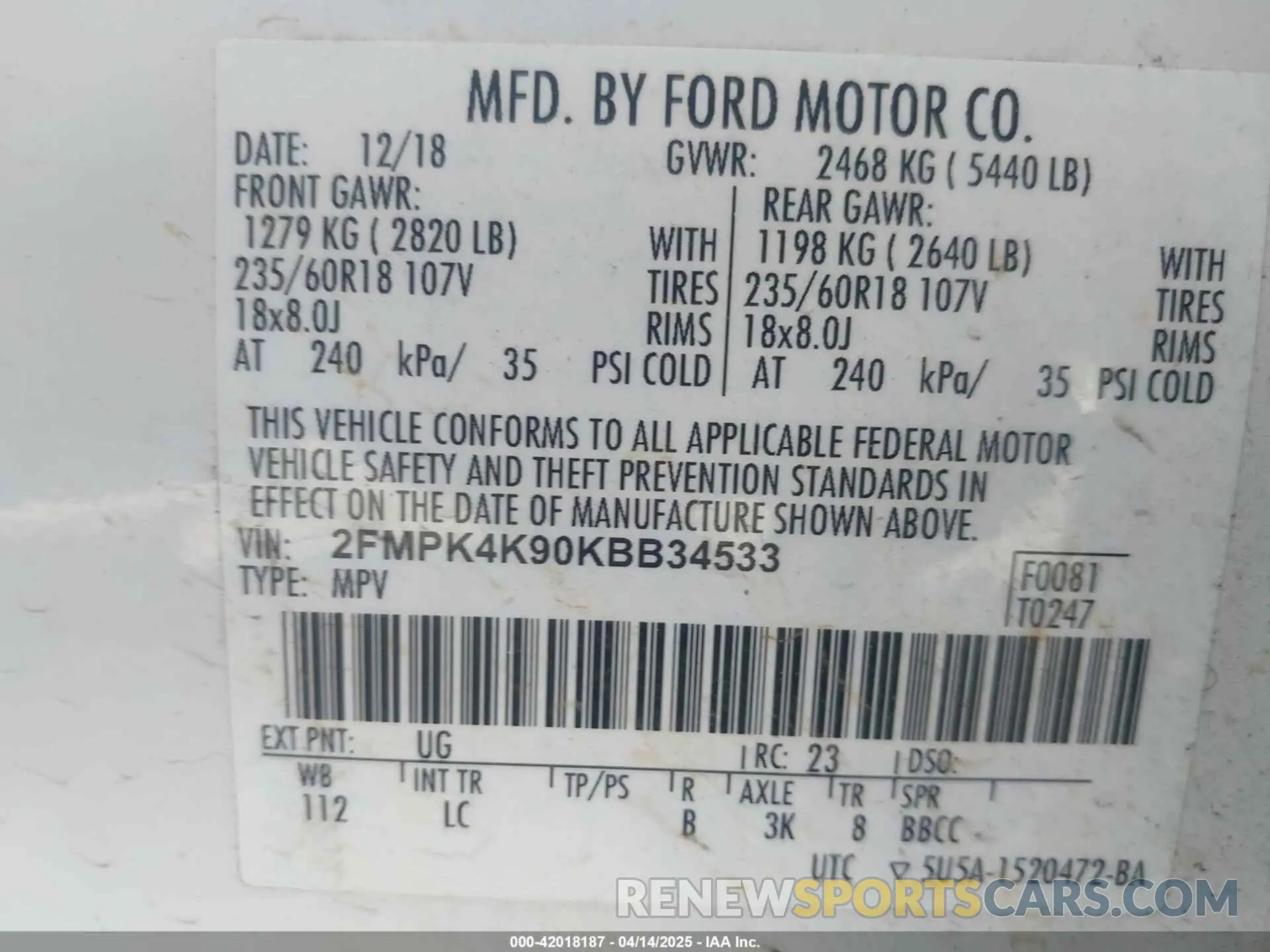 9 Photograph of a damaged car 2FMPK4K90KBB34533 FORD EDGE 2019