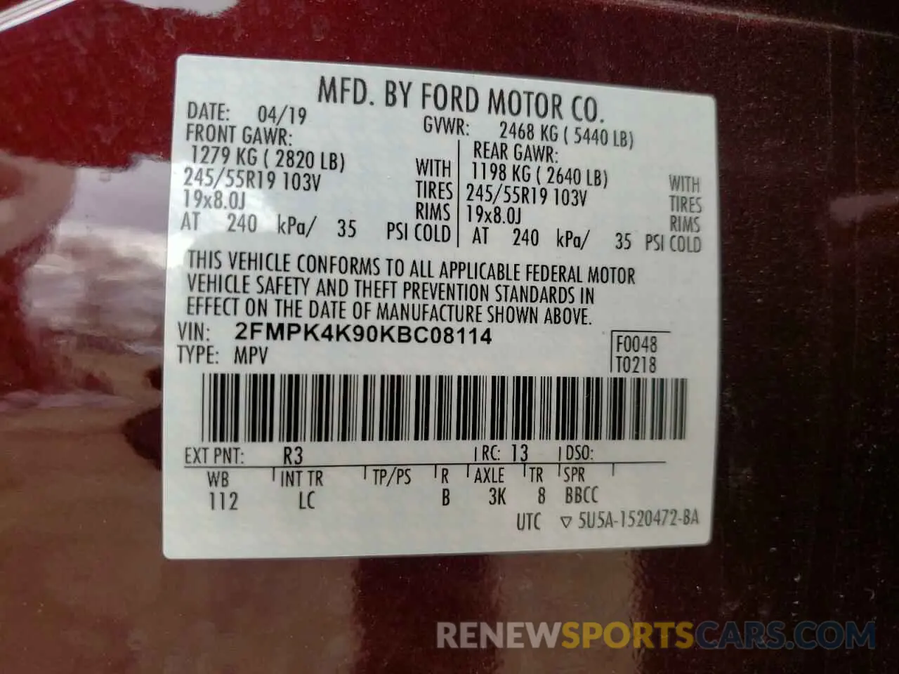 13 Photograph of a damaged car 2FMPK4K90KBC08114 FORD EDGE 2019
