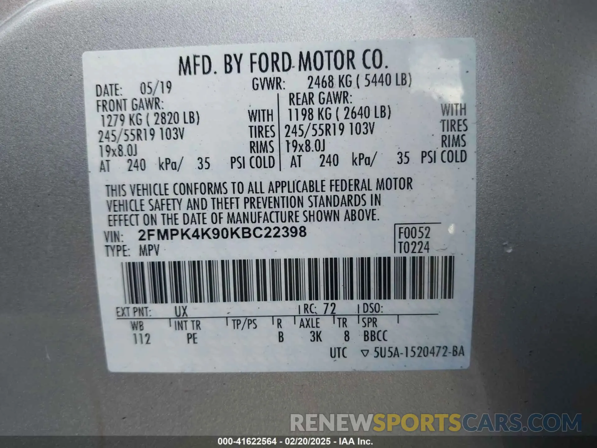 9 Photograph of a damaged car 2FMPK4K90KBC22398 FORD EDGE 2019