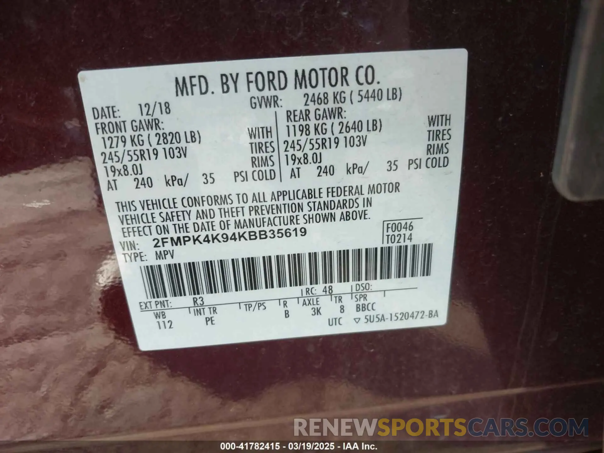 9 Photograph of a damaged car 2FMPK4K94KBB35619 FORD EDGE 2019