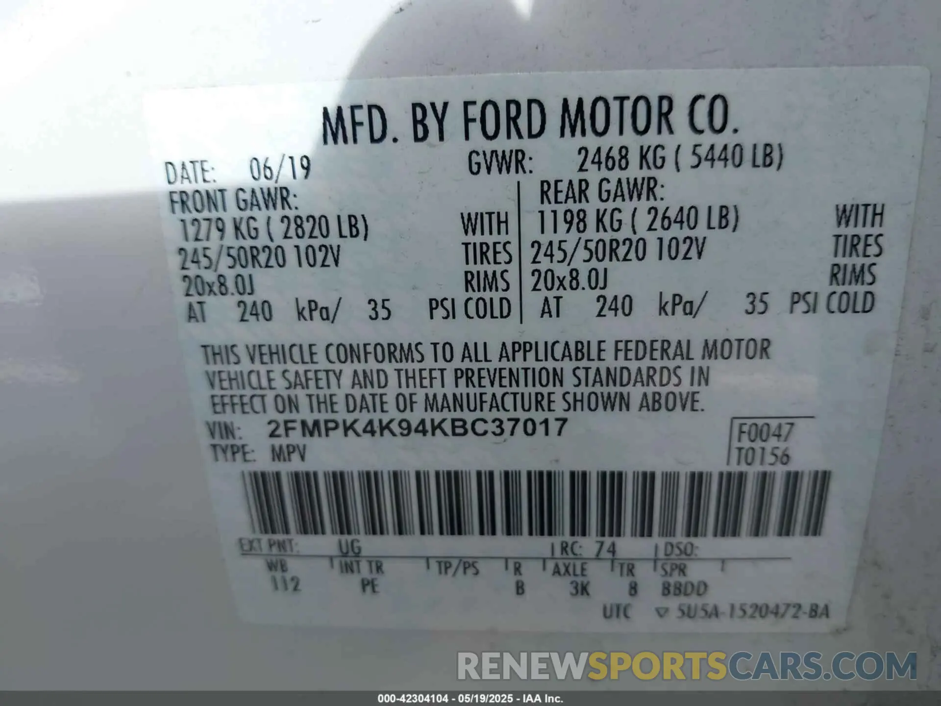 9 Photograph of a damaged car 2FMPK4K94KBC37017 FORD EDGE 2019