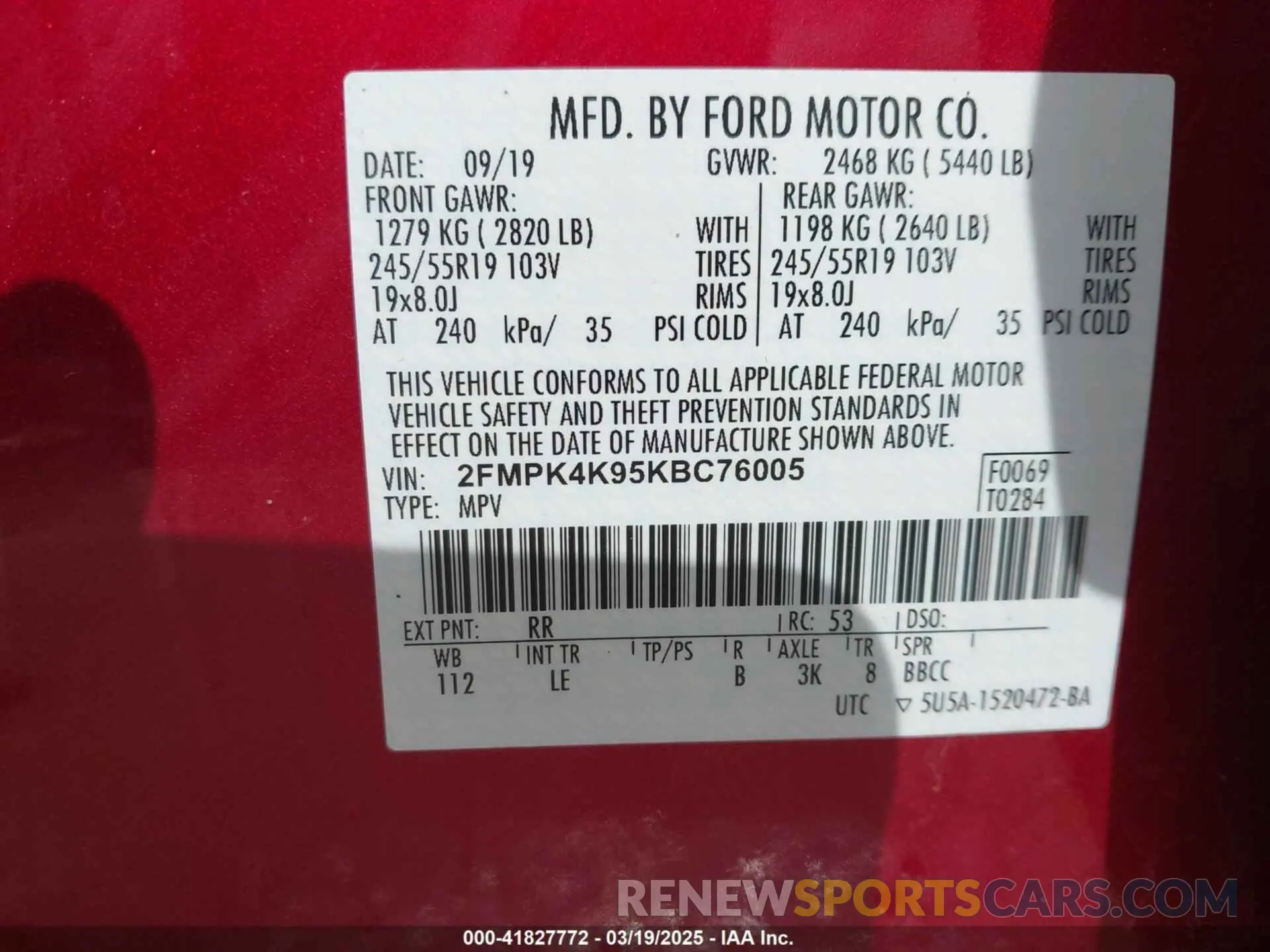 9 Photograph of a damaged car 2FMPK4K95KBC76005 FORD EDGE 2019