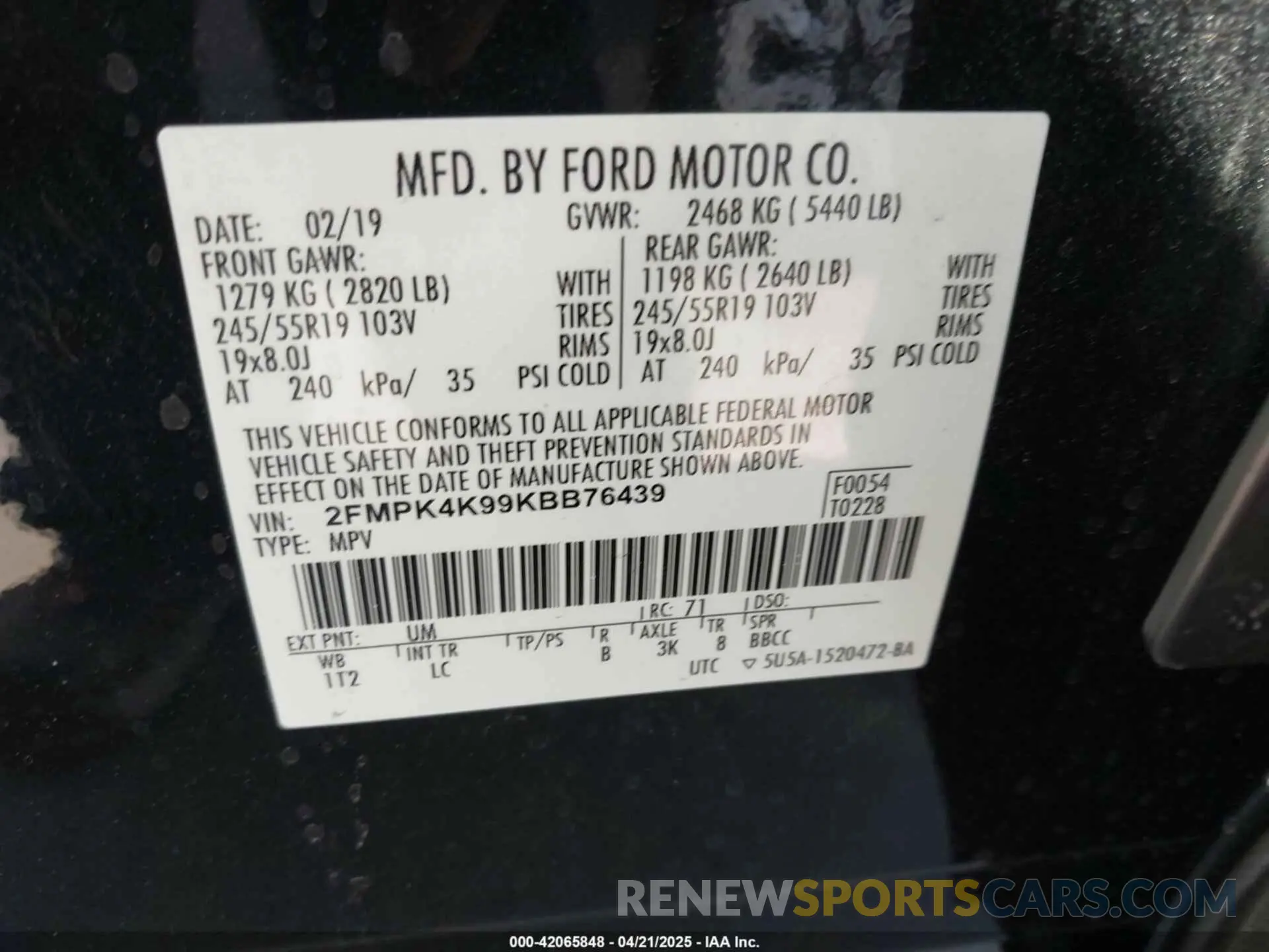 9 Photograph of a damaged car 2FMPK4K99KBB76439 FORD EDGE 2019
