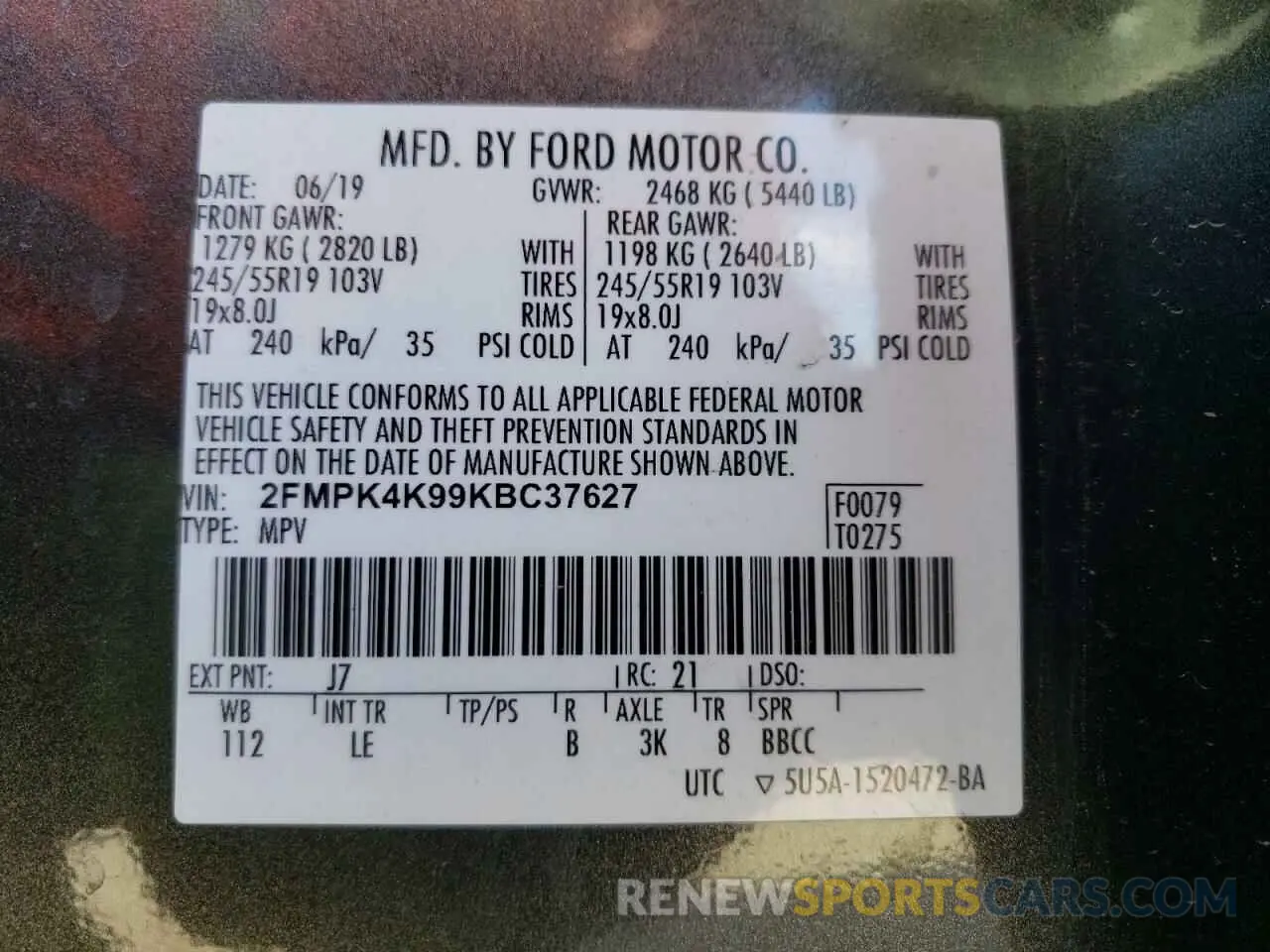 14 Photograph of a damaged car 2FMPK4K99KBC37627 FORD EDGE 2019