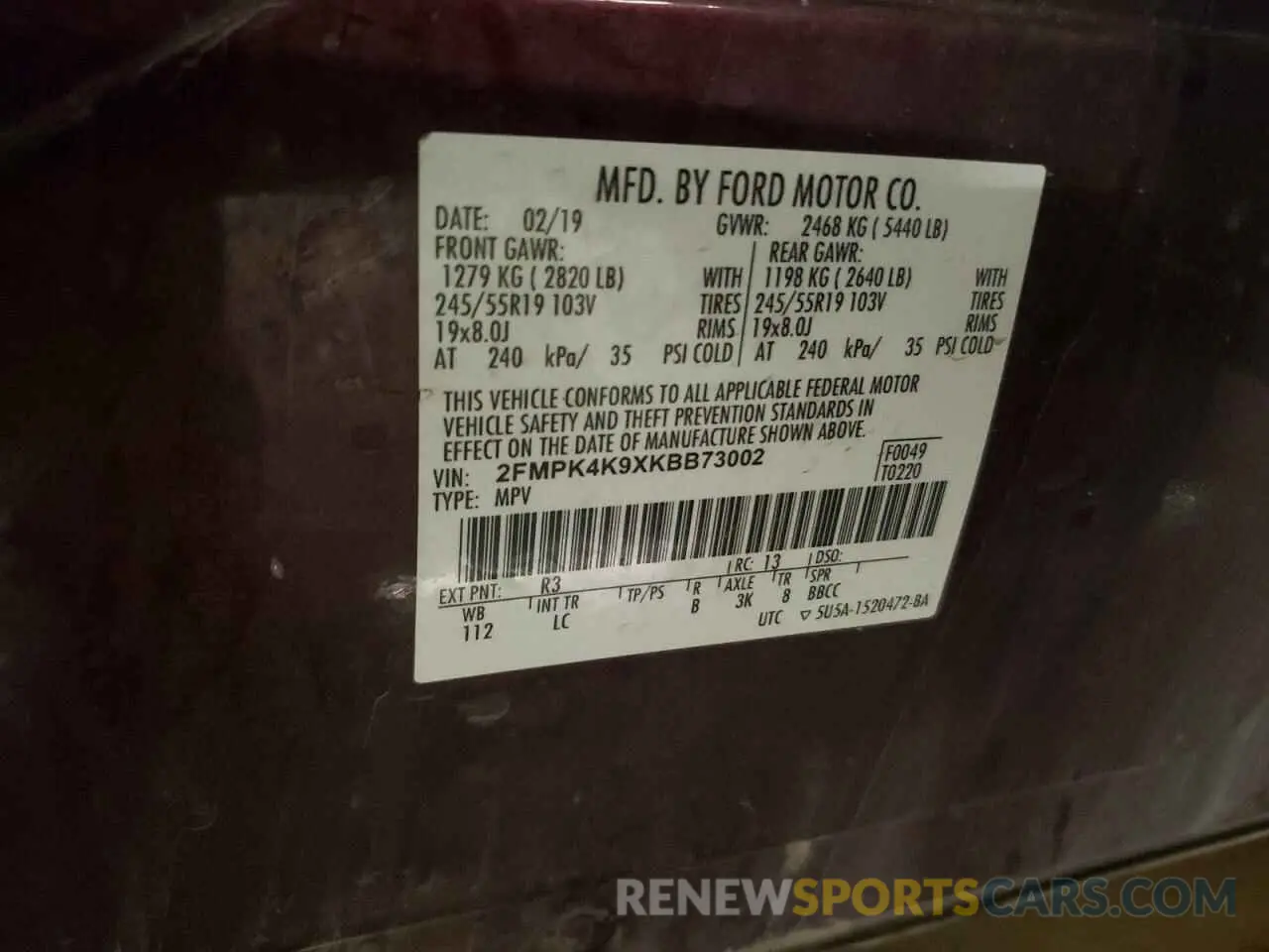 13 Photograph of a damaged car 2FMPK4K9XKBB73002 FORD EDGE 2019