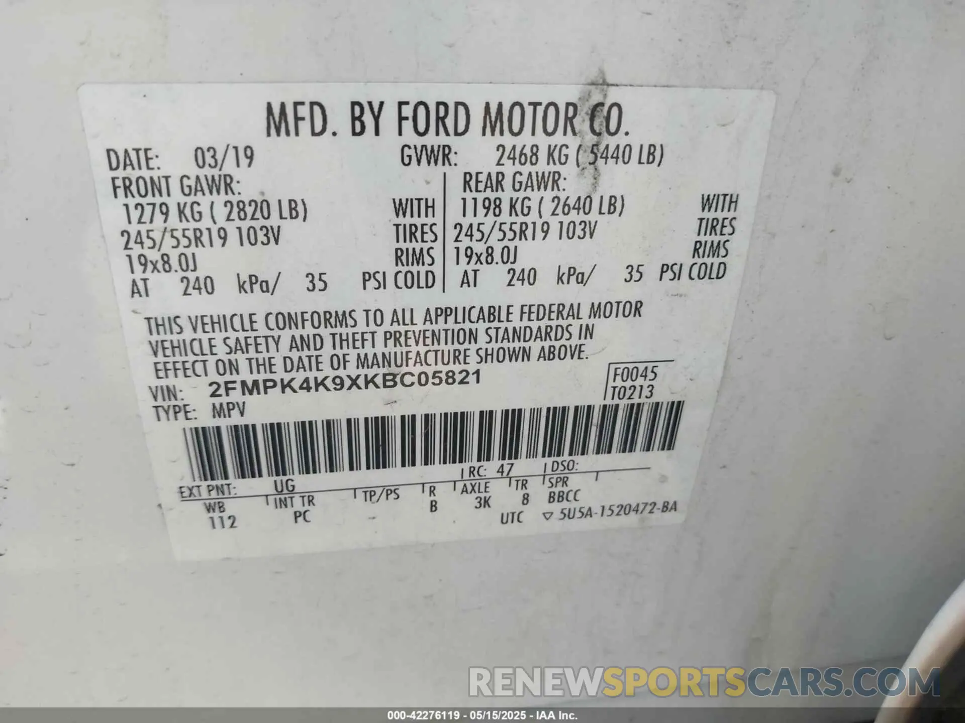 9 Photograph of a damaged car 2FMPK4K9XKBC05821 FORD EDGE 2019