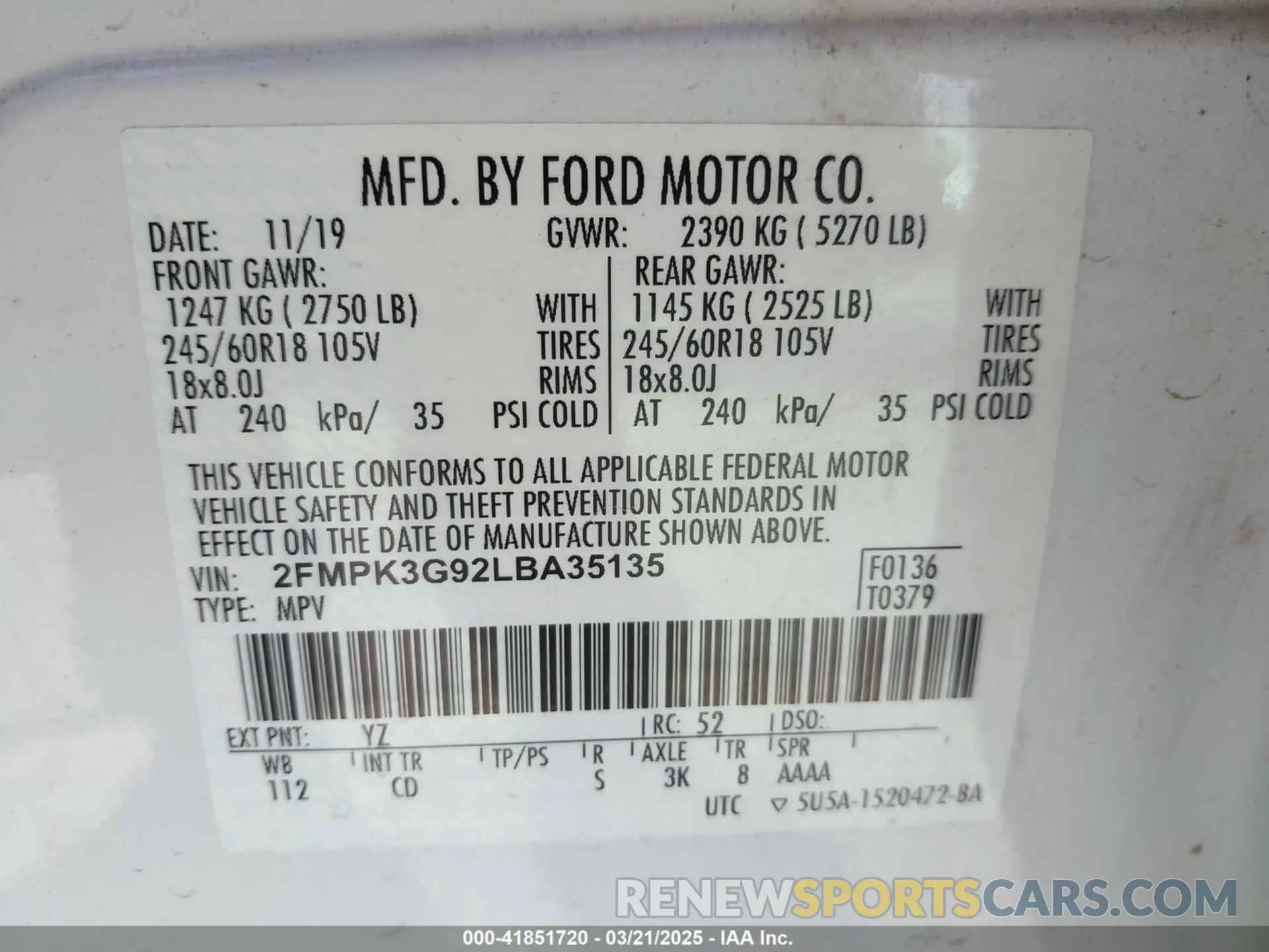 9 Photograph of a damaged car 2FMPK3G92LBA35135 FORD EDGE 2020