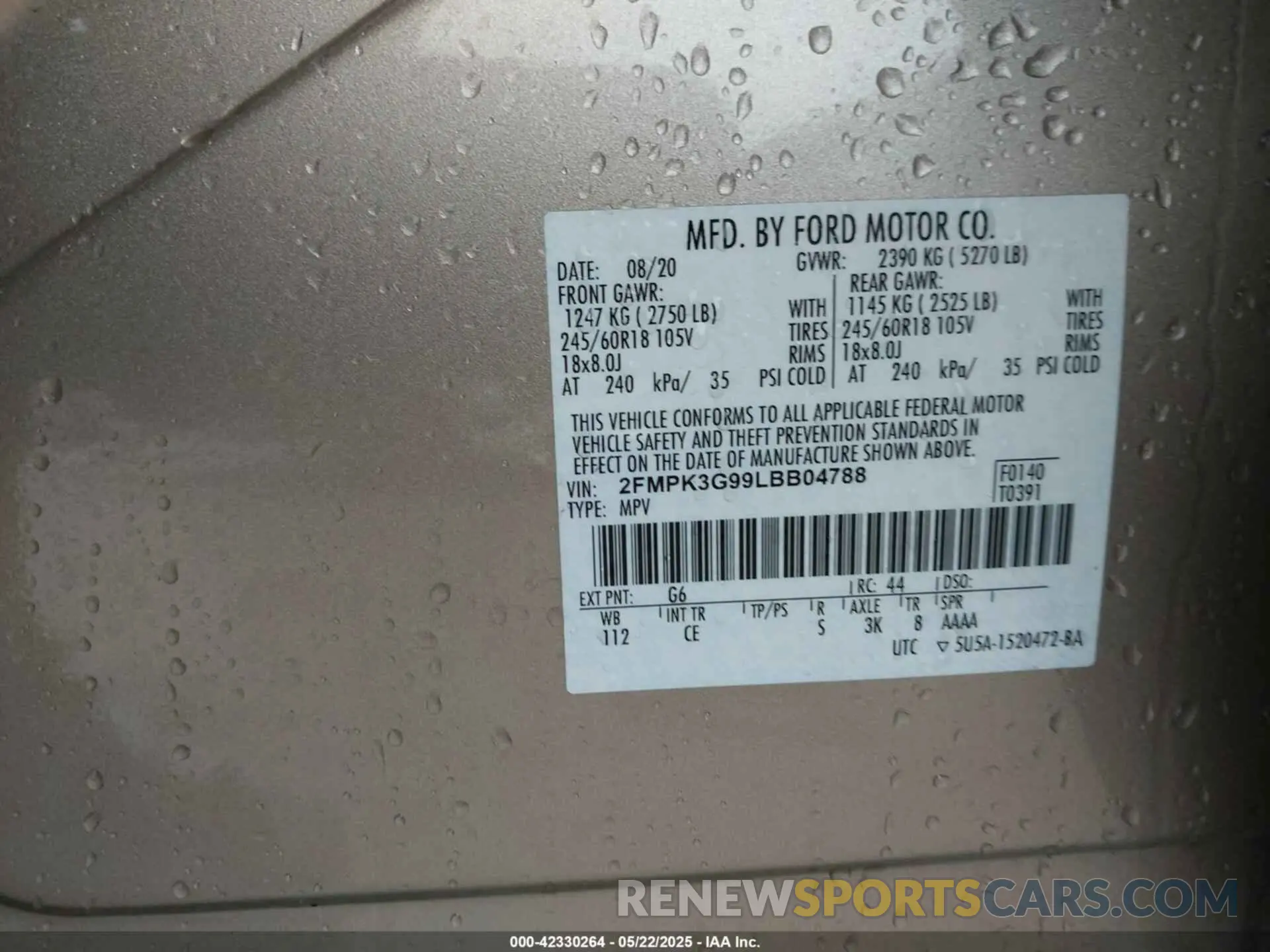 9 Photograph of a damaged car 2FMPK3G99LBB04788 FORD EDGE 2020