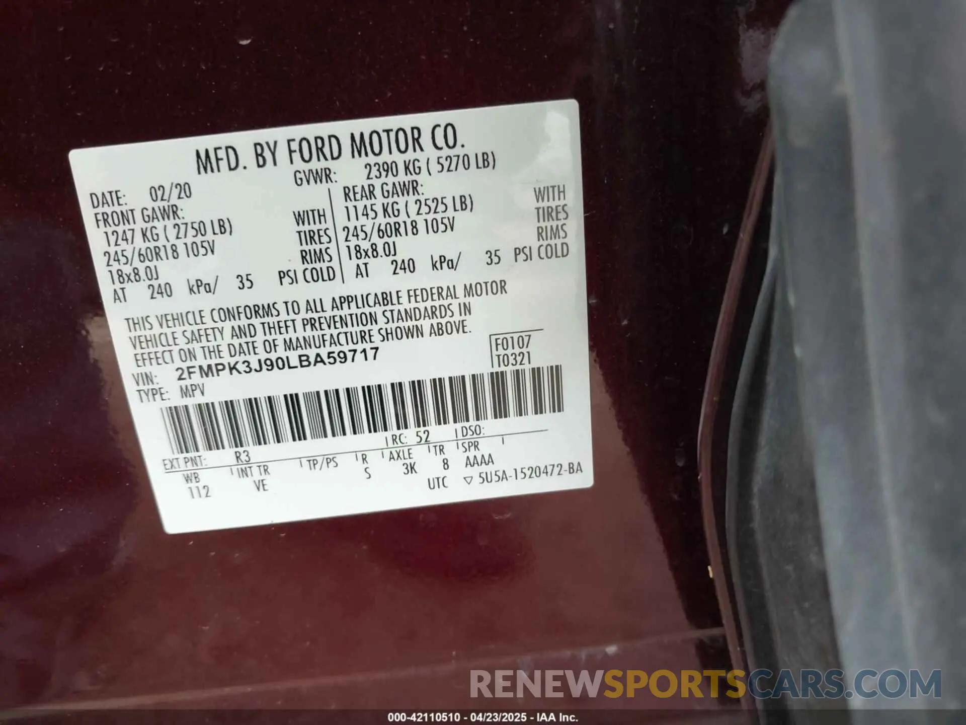 9 Photograph of a damaged car 2FMPK3J90LBA59717 FORD EDGE 2020
