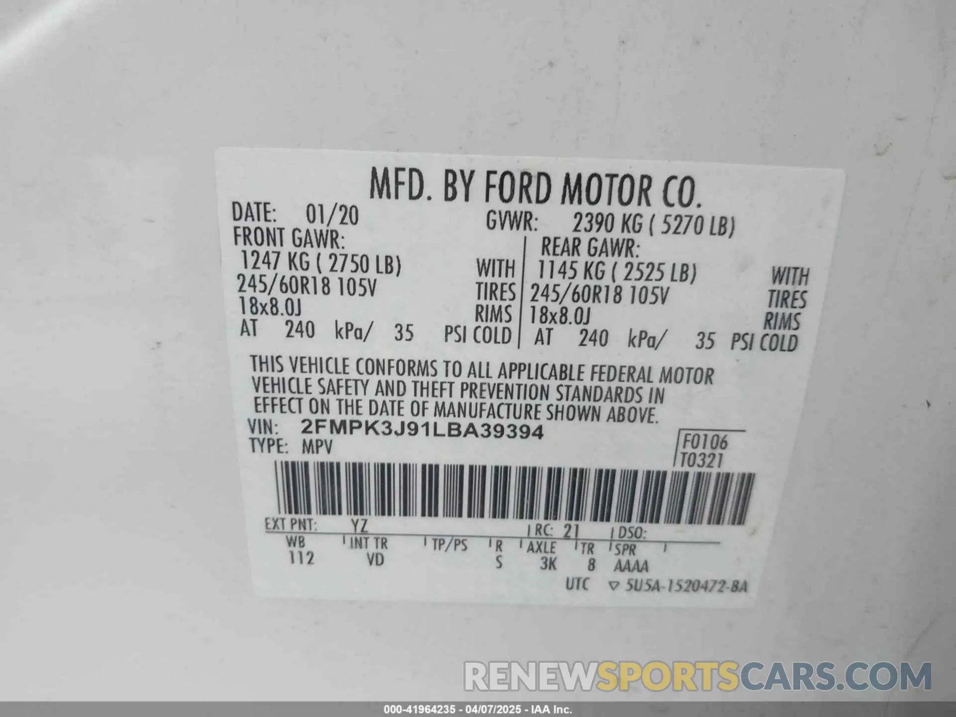 9 Photograph of a damaged car 2FMPK3J91LBA39394 FORD EDGE 2020