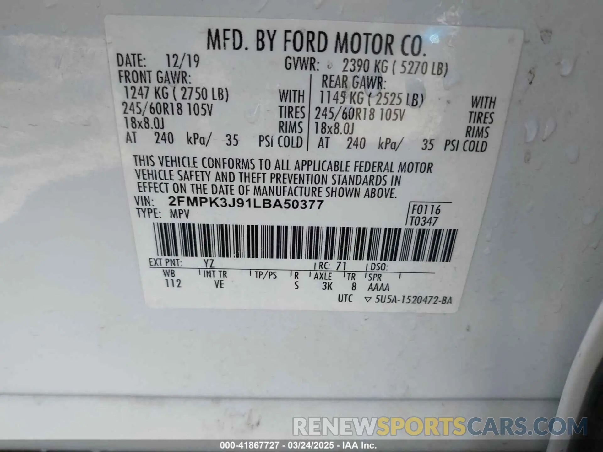 9 Photograph of a damaged car 2FMPK3J91LBA50377 FORD EDGE 2020