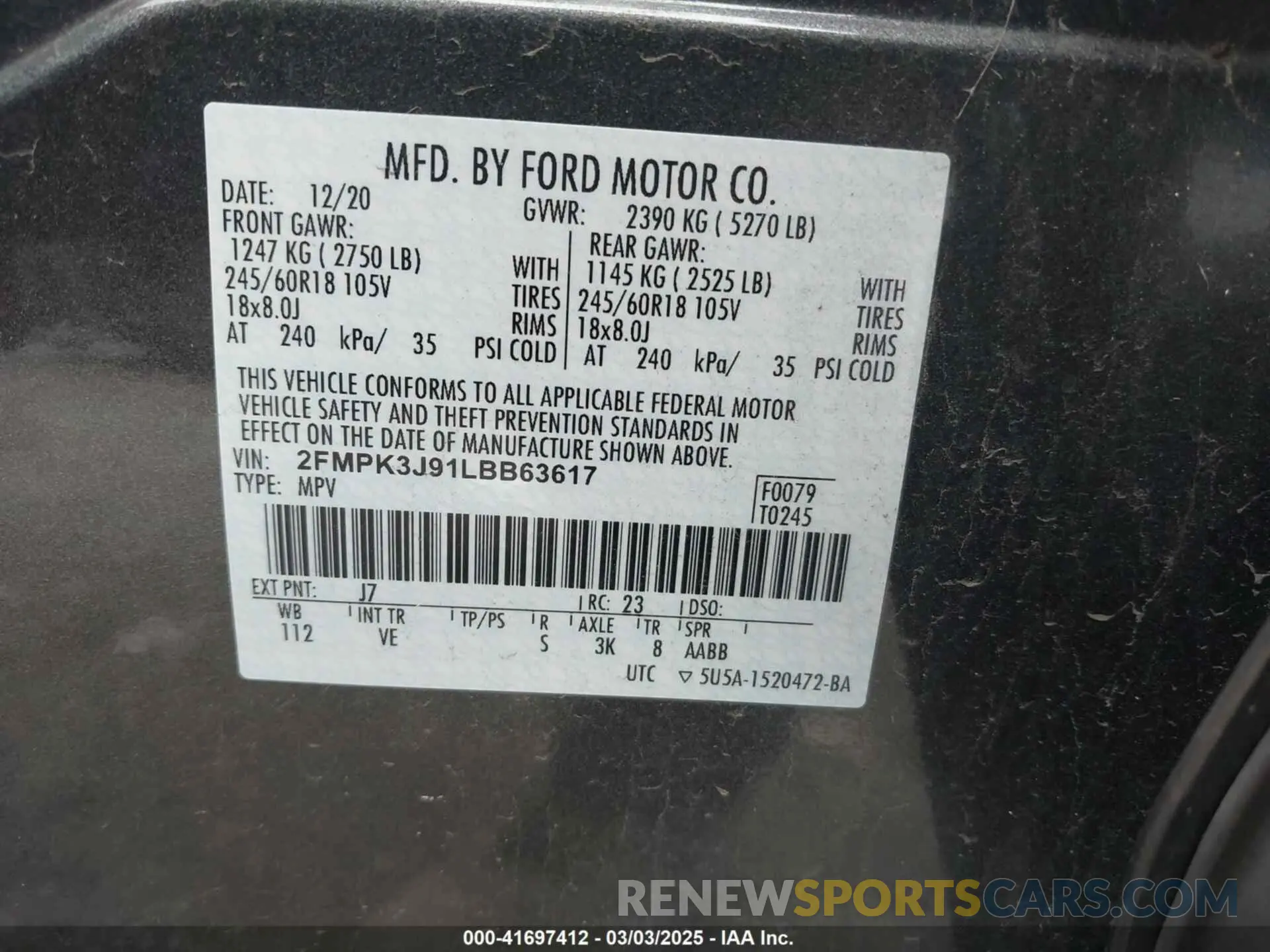 9 Photograph of a damaged car 2FMPK3J91LBB63617 FORD EDGE 2020
