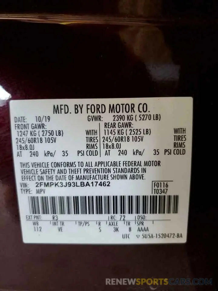 12 Photograph of a damaged car 2FMPK3J93LBA17462 FORD EDGE 2020