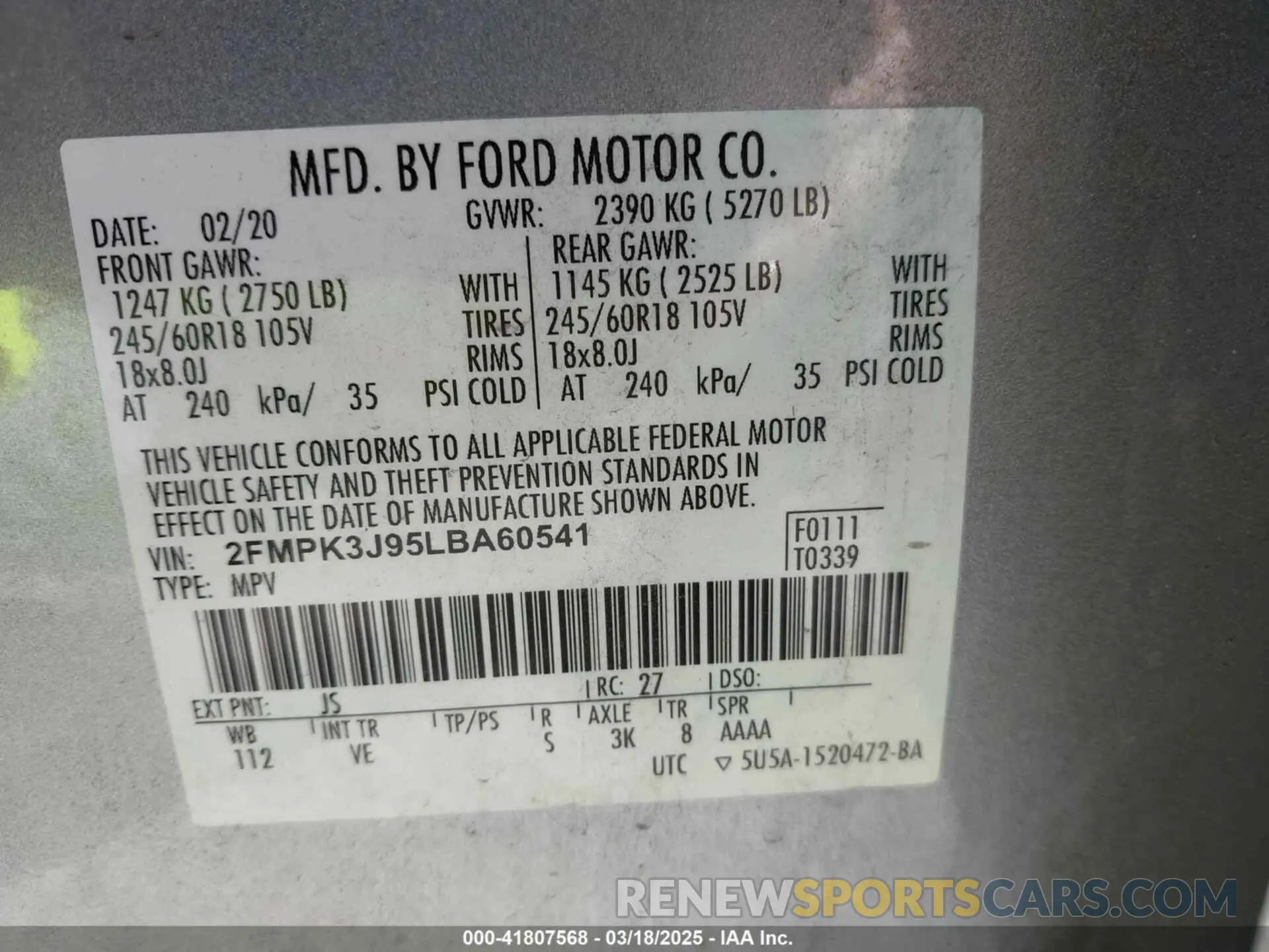 9 Photograph of a damaged car 2FMPK3J95LBA60541 FORD EDGE 2020