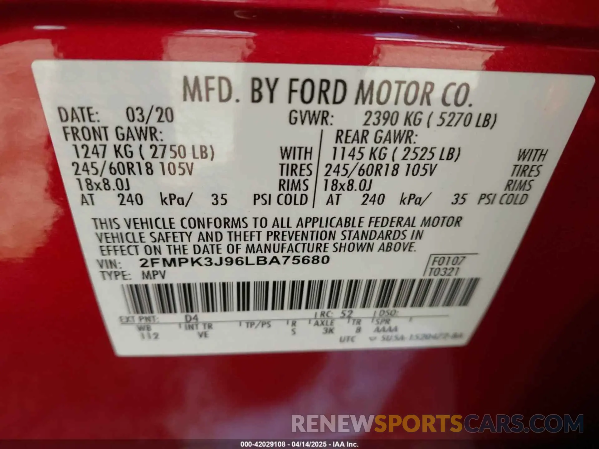 9 Photograph of a damaged car 2FMPK3J96LBA75680 FORD EDGE 2020