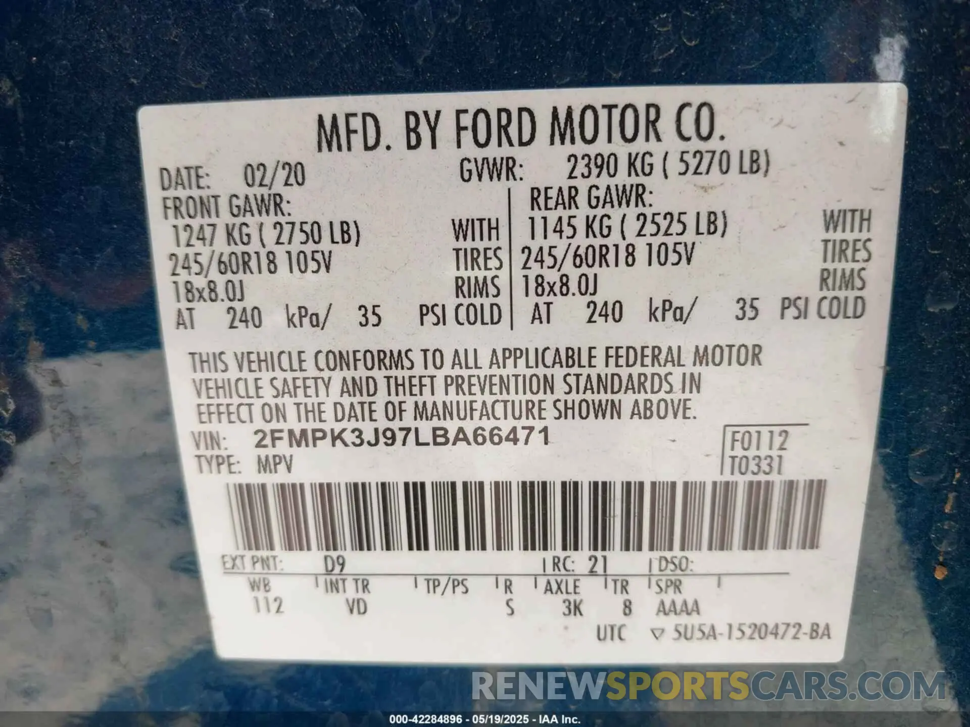 9 Photograph of a damaged car 2FMPK3J97LBA66471 FORD EDGE 2020