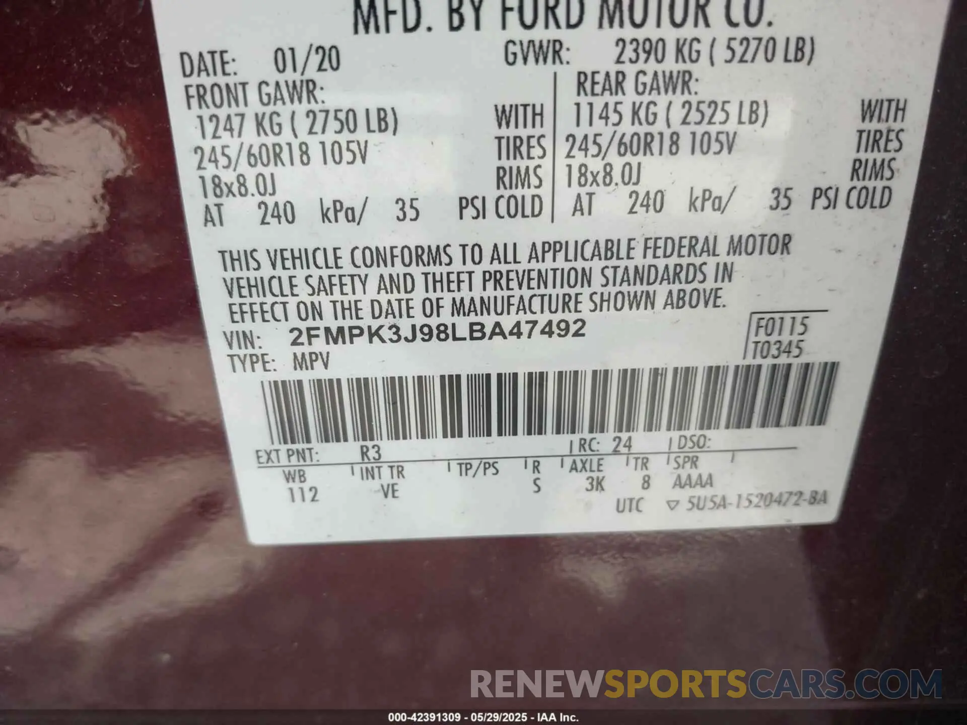 9 Photograph of a damaged car 2FMPK3J98LBA47492 FORD EDGE 2020