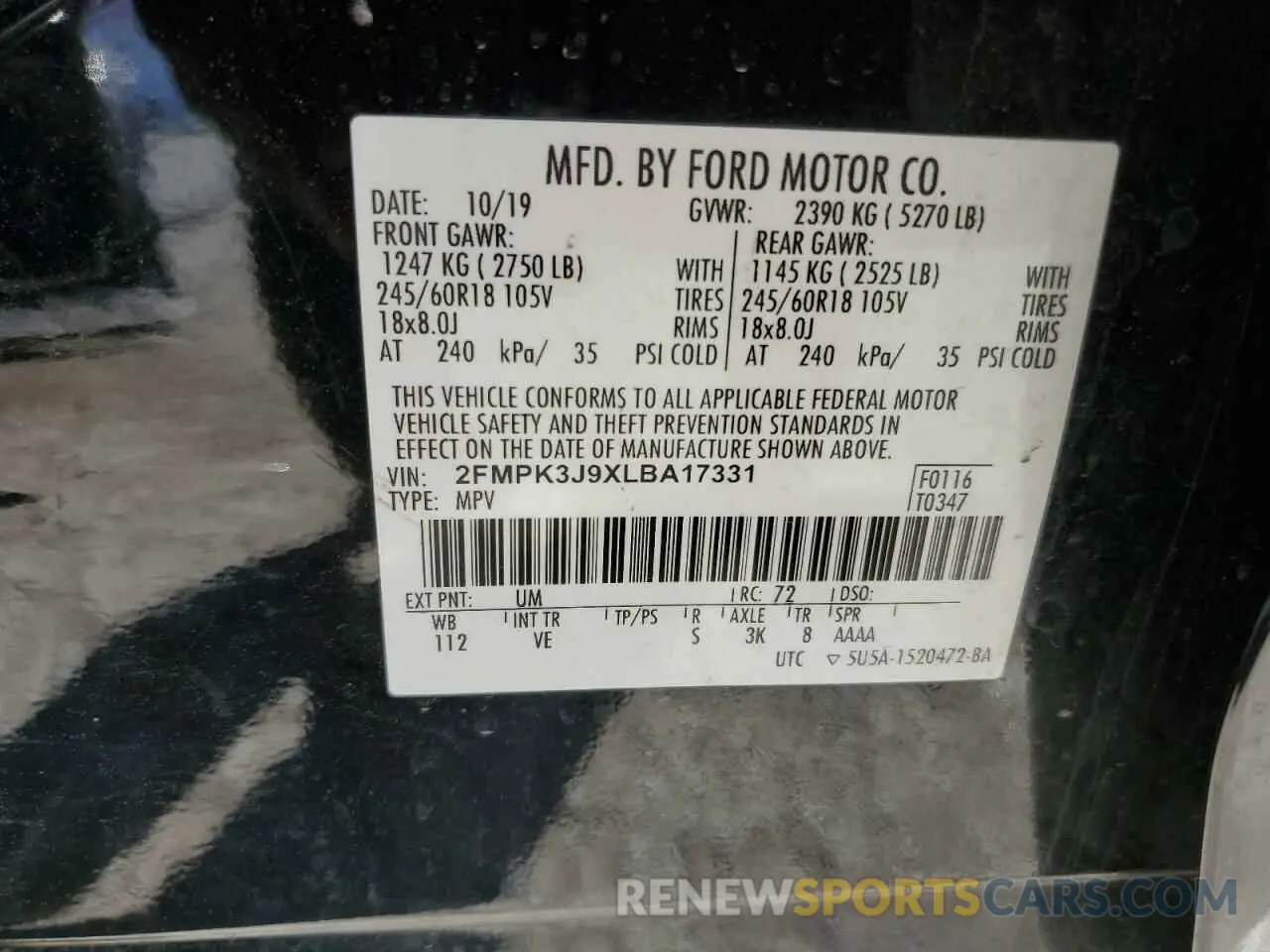 15 Photograph of a damaged car 2FMPK3J9XLBA17331 FORD EDGE 2020