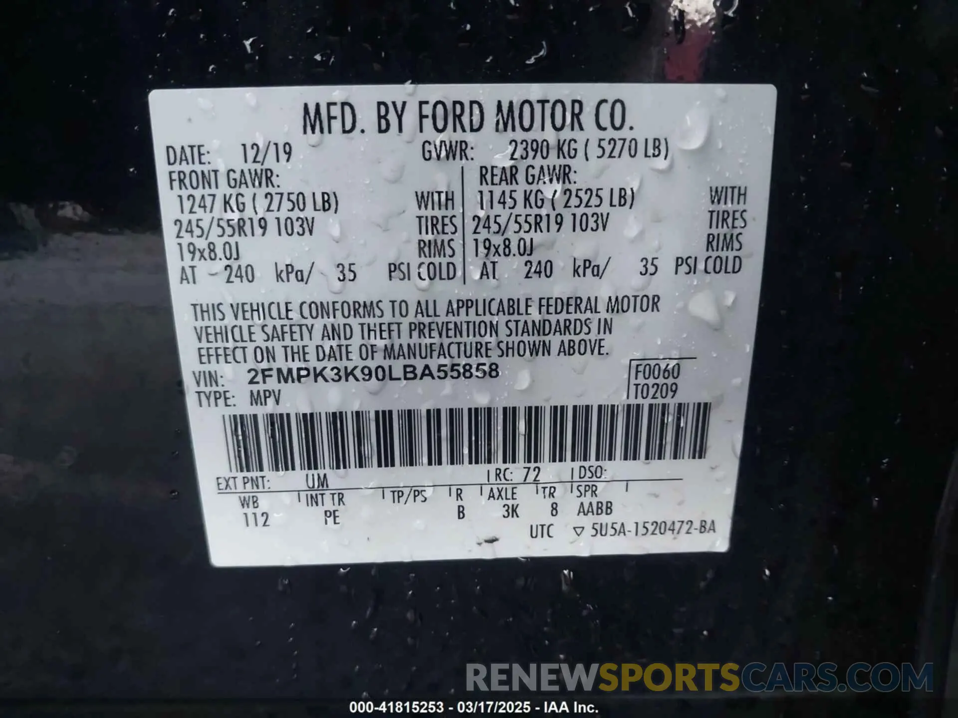 9 Photograph of a damaged car 2FMPK3K90LBA55858 FORD EDGE 2020