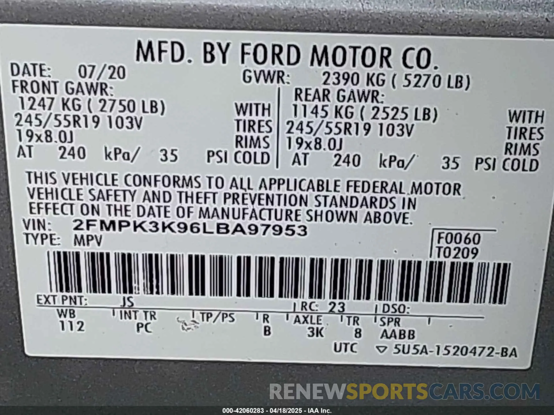 9 Photograph of a damaged car 2FMPK3K96LBA97953 FORD EDGE 2020