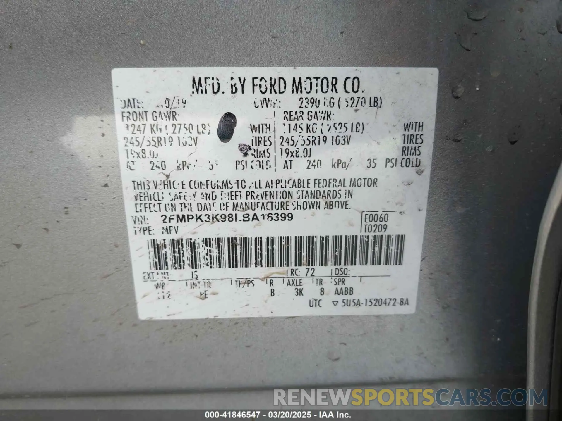 9 Photograph of a damaged car 2FMPK3K98LBA16399 FORD EDGE 2020