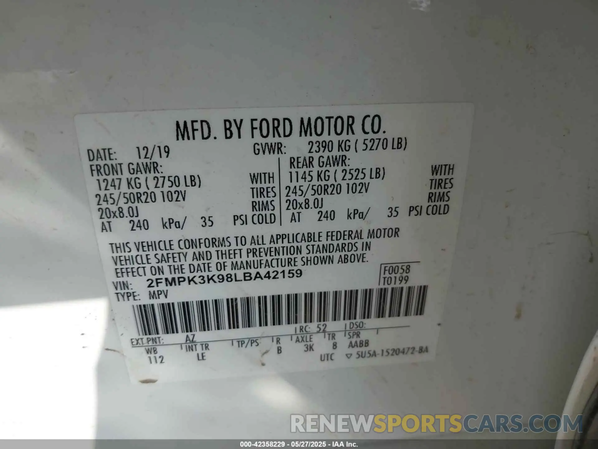 9 Photograph of a damaged car 2FMPK3K98LBA42159 FORD EDGE 2020