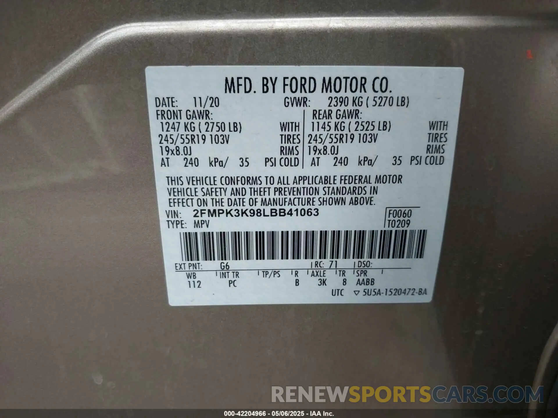 9 Photograph of a damaged car 2FMPK3K98LBB41063 FORD EDGE 2020