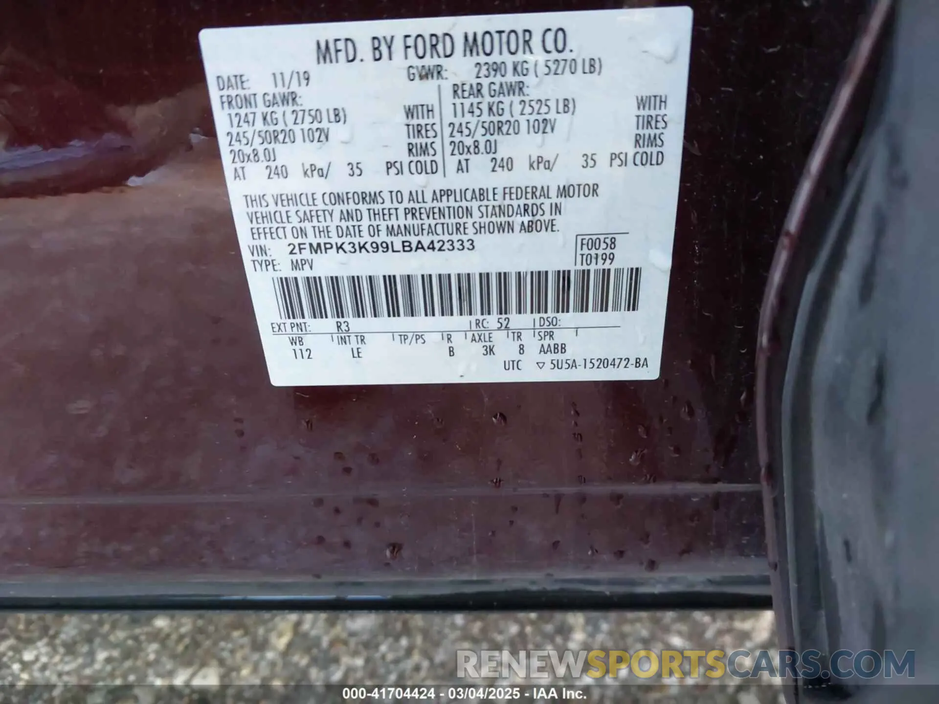 9 Photograph of a damaged car 2FMPK3K99LBA42333 FORD EDGE 2020