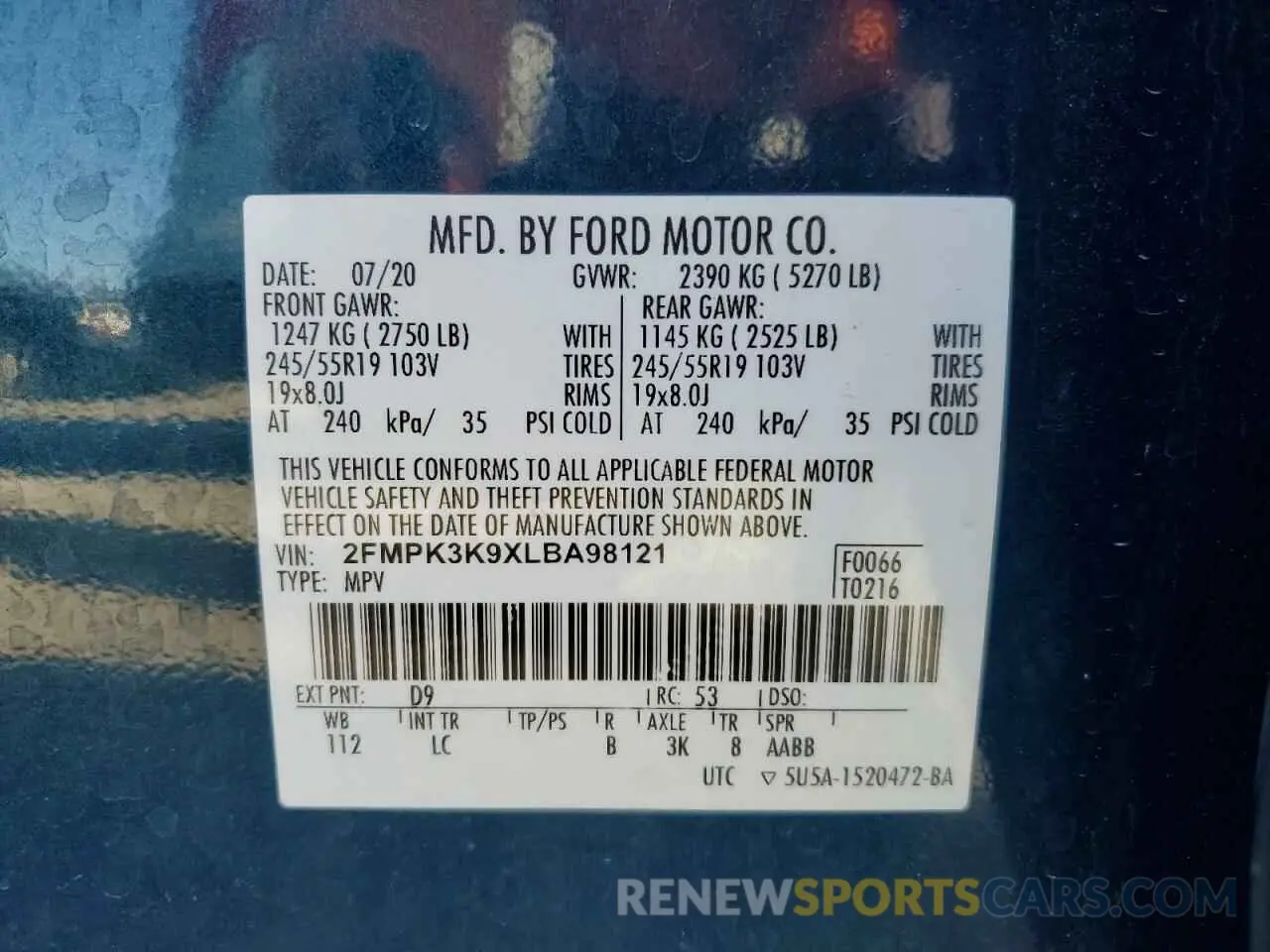 13 Photograph of a damaged car 2FMPK3K9XLBA98121 FORD EDGE 2020