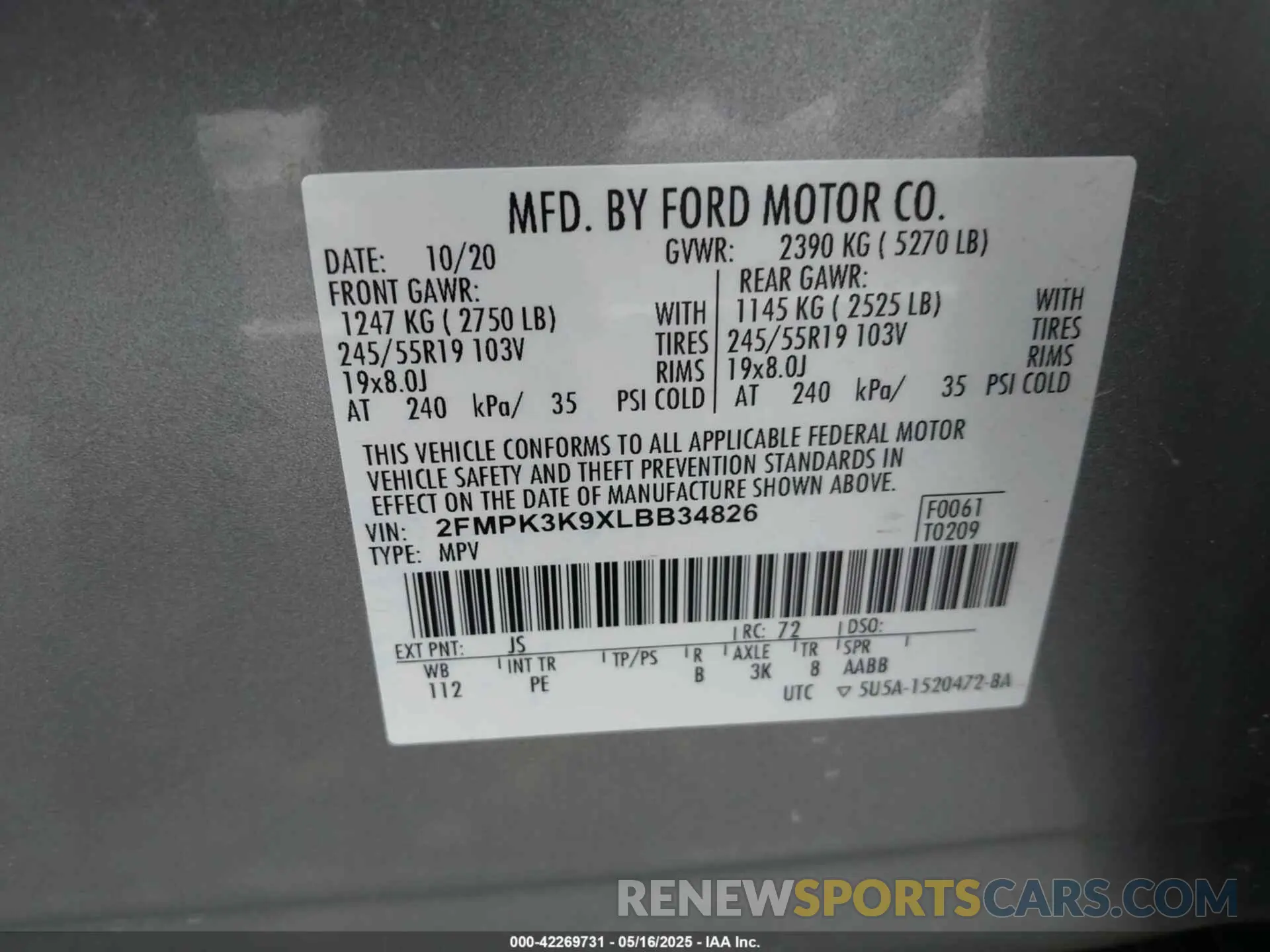 9 Photograph of a damaged car 2FMPK3K9XLBB34826 FORD EDGE 2020