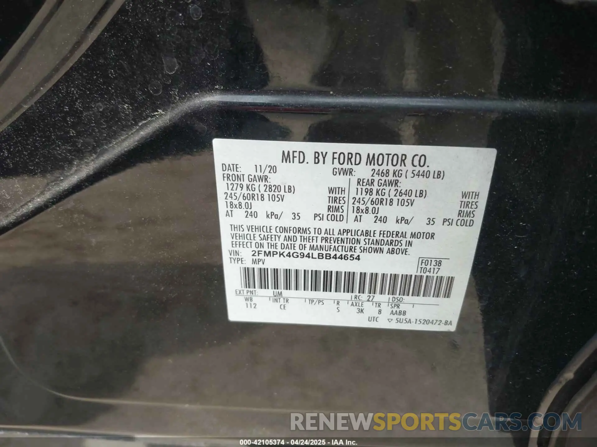 9 Photograph of a damaged car 2FMPK4G94LBB44654 FORD EDGE 2020