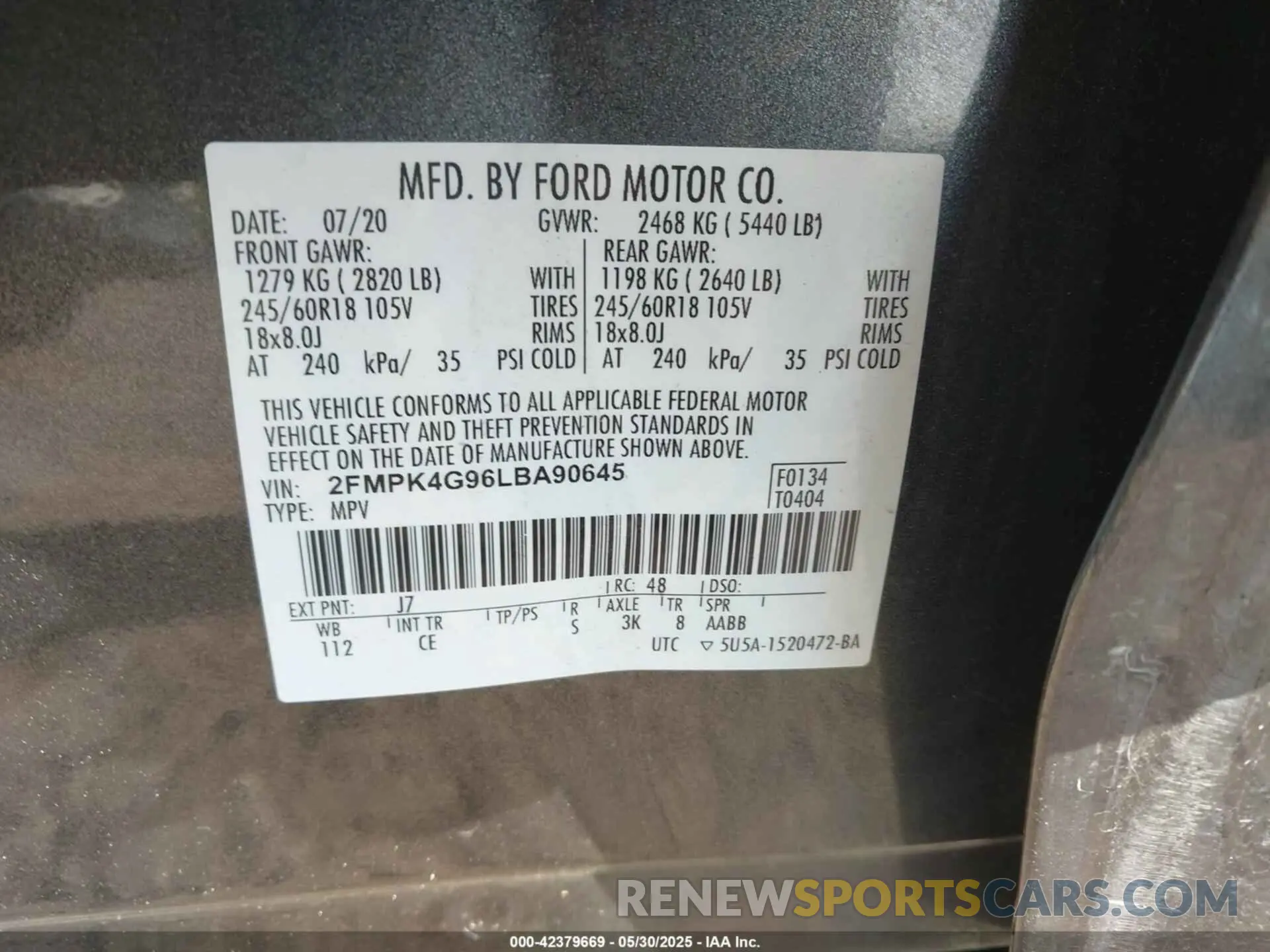 9 Photograph of a damaged car 2FMPK4G96LBA90645 FORD EDGE 2020