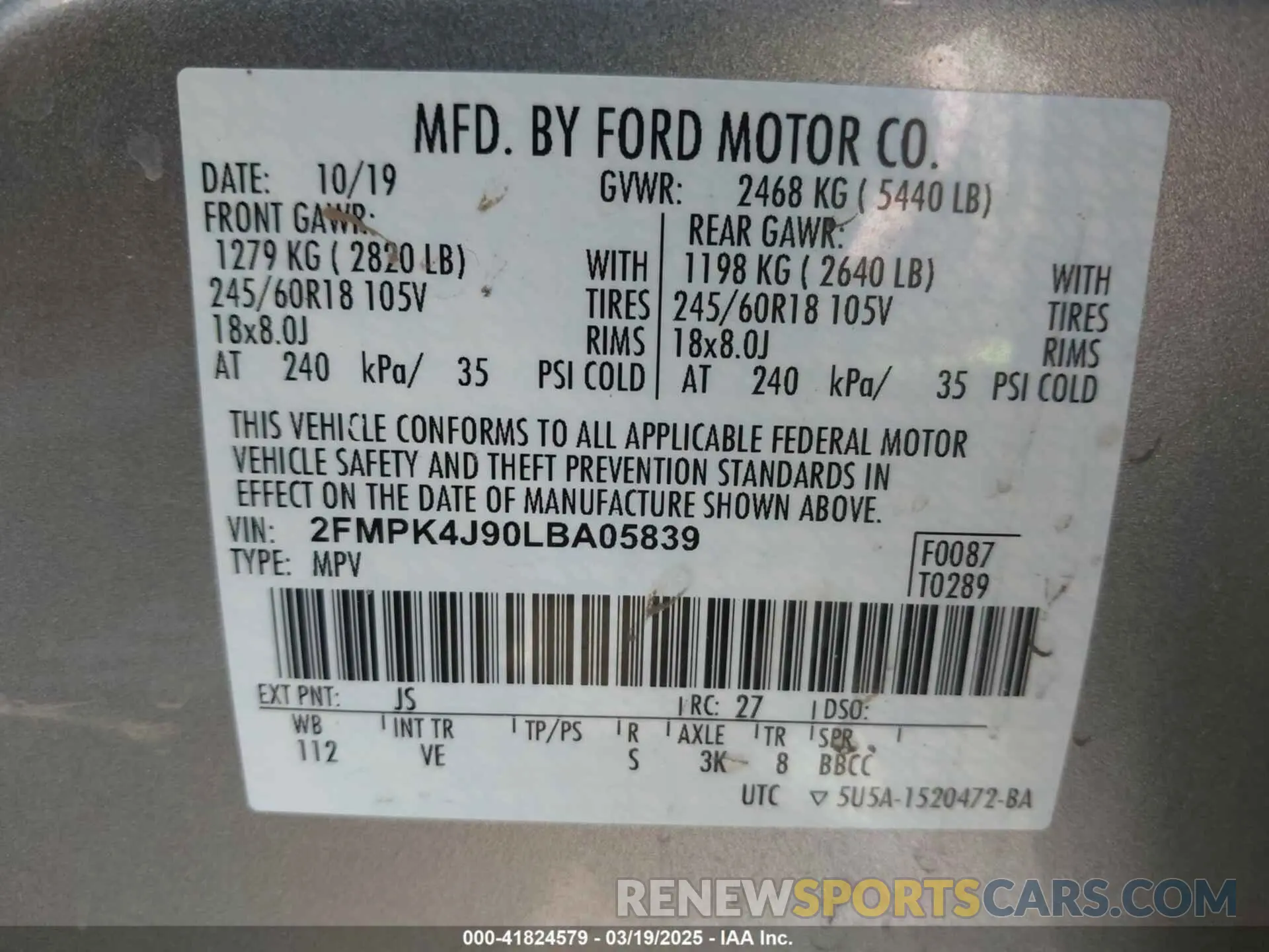 9 Photograph of a damaged car 2FMPK4J90LBA05839 FORD EDGE 2020