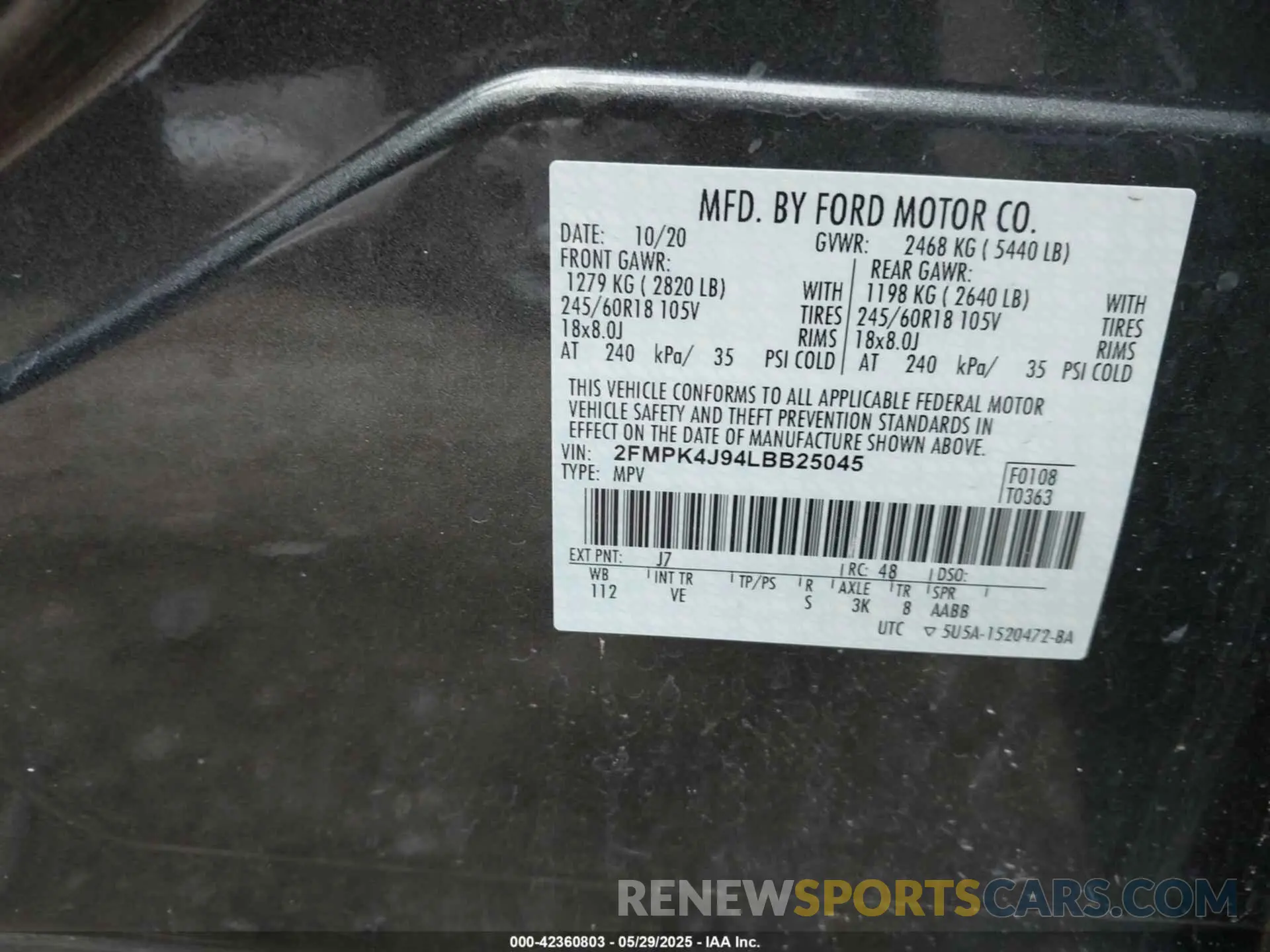 9 Photograph of a damaged car 2FMPK4J94LBB25045 FORD EDGE 2020