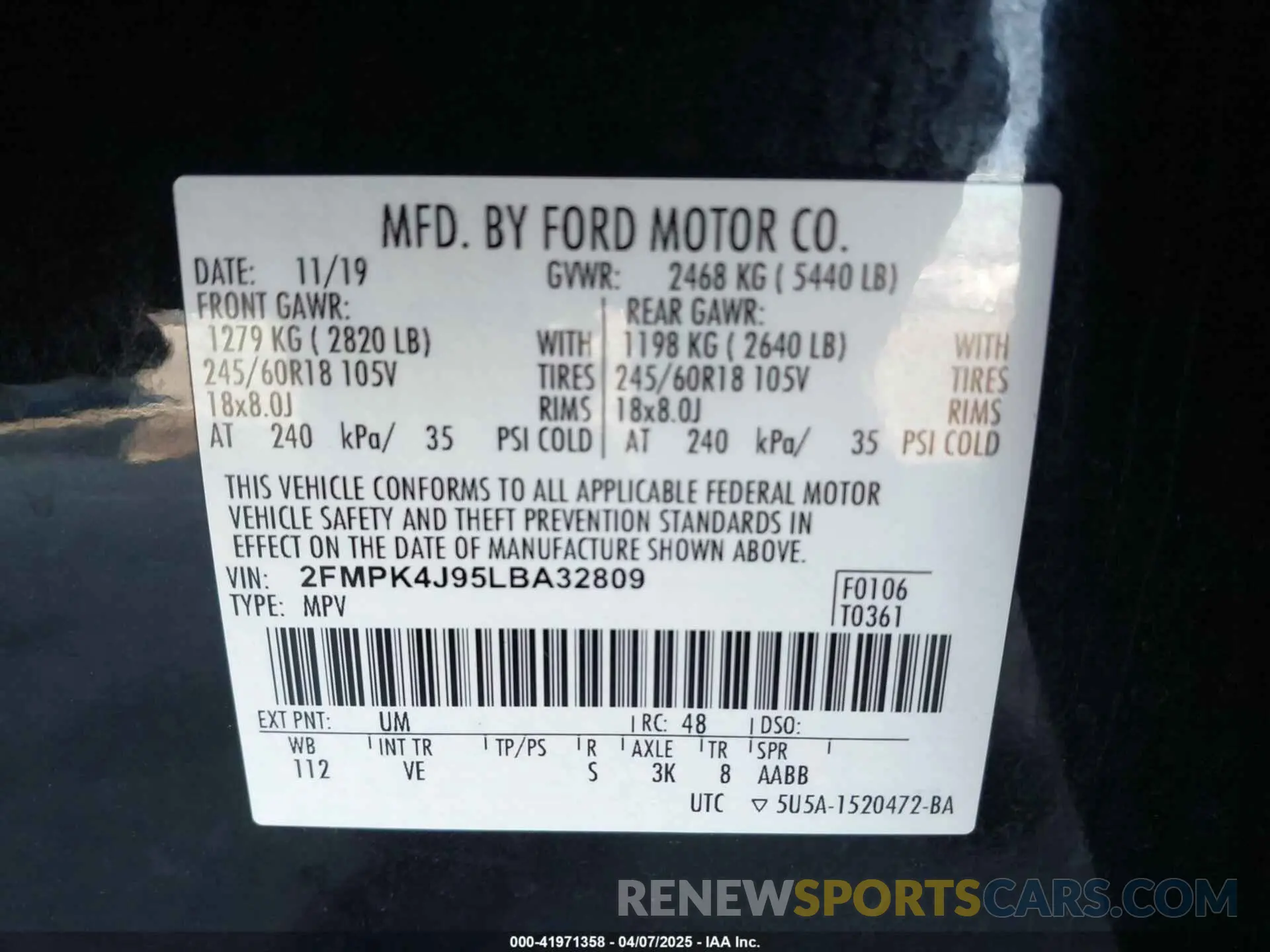 9 Photograph of a damaged car 2FMPK4J95LBA32809 FORD EDGE 2020