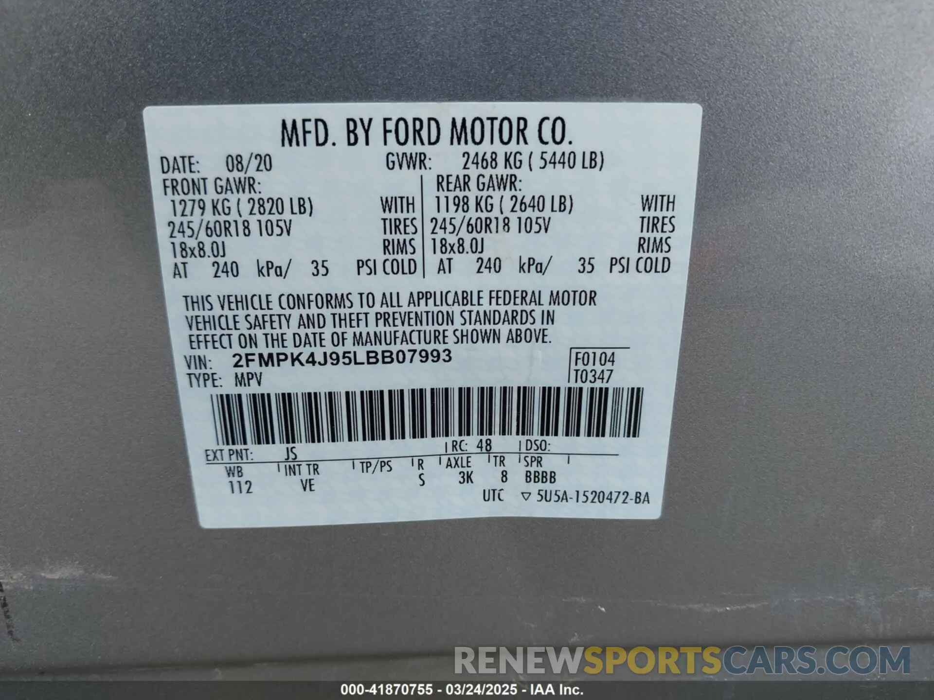 9 Photograph of a damaged car 2FMPK4J95LBB07993 FORD EDGE 2020
