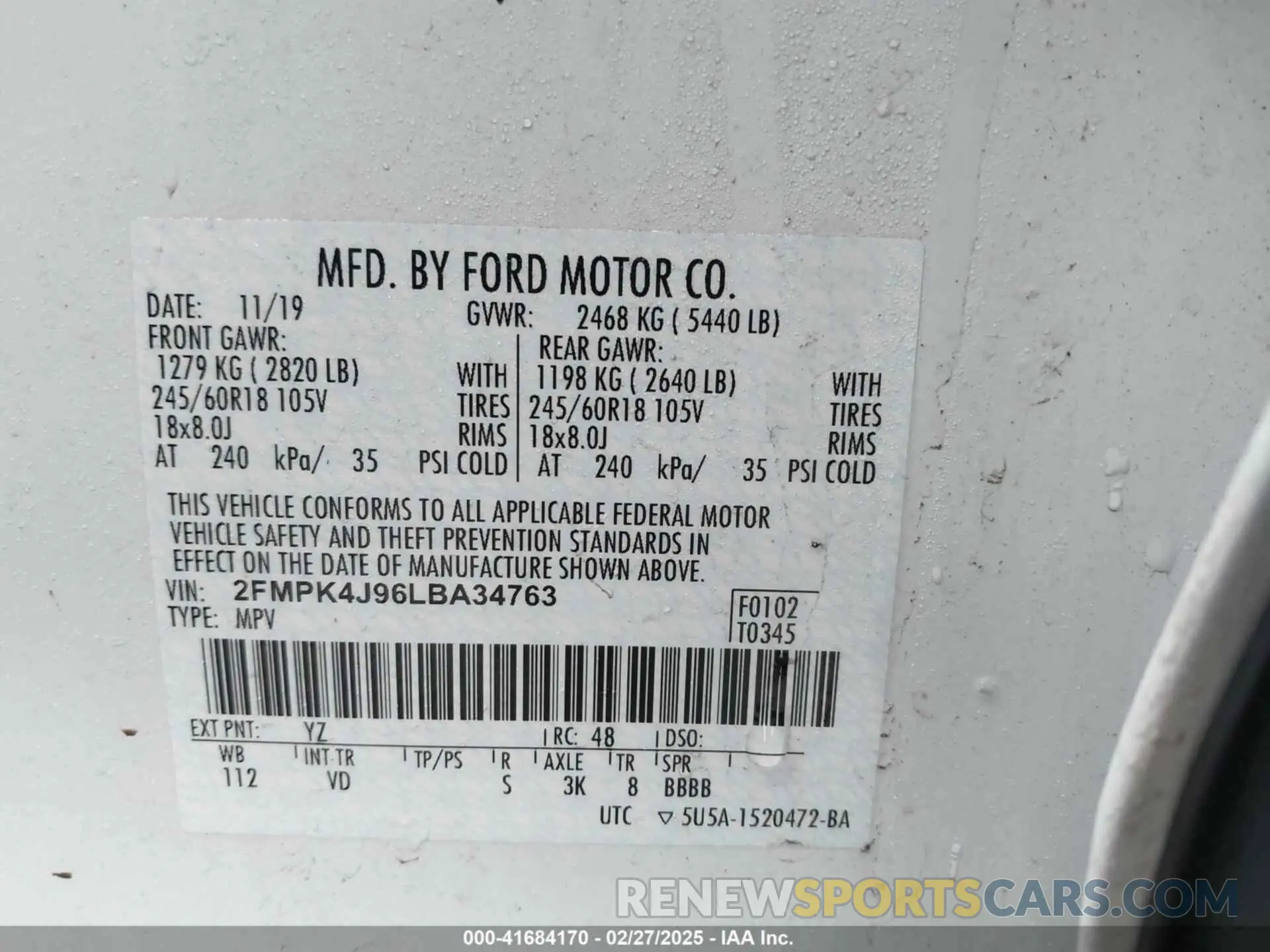 9 Photograph of a damaged car 2FMPK4J96LBA34763 FORD EDGE 2020