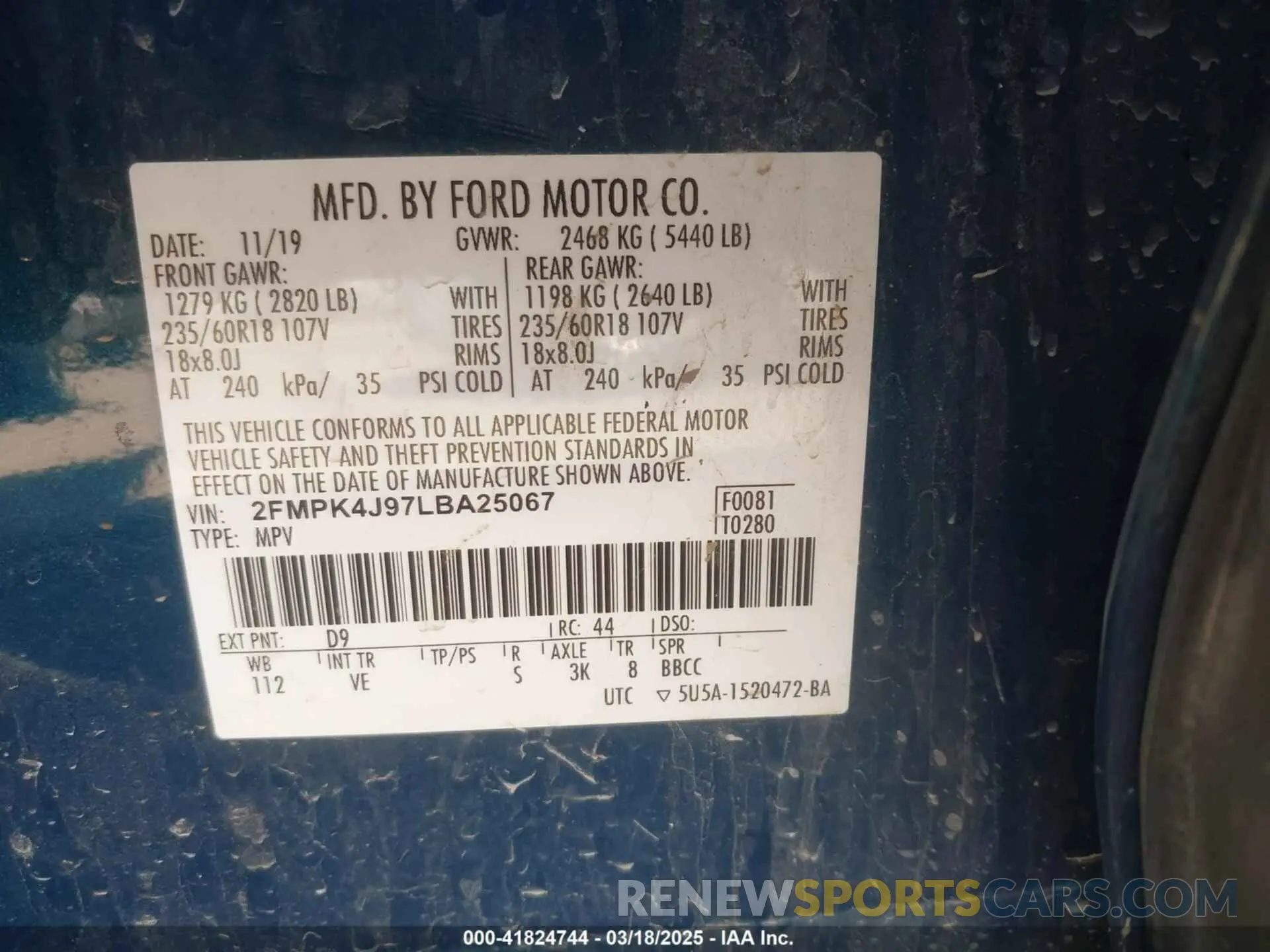 9 Photograph of a damaged car 2FMPK4J97LBA25067 FORD EDGE 2020