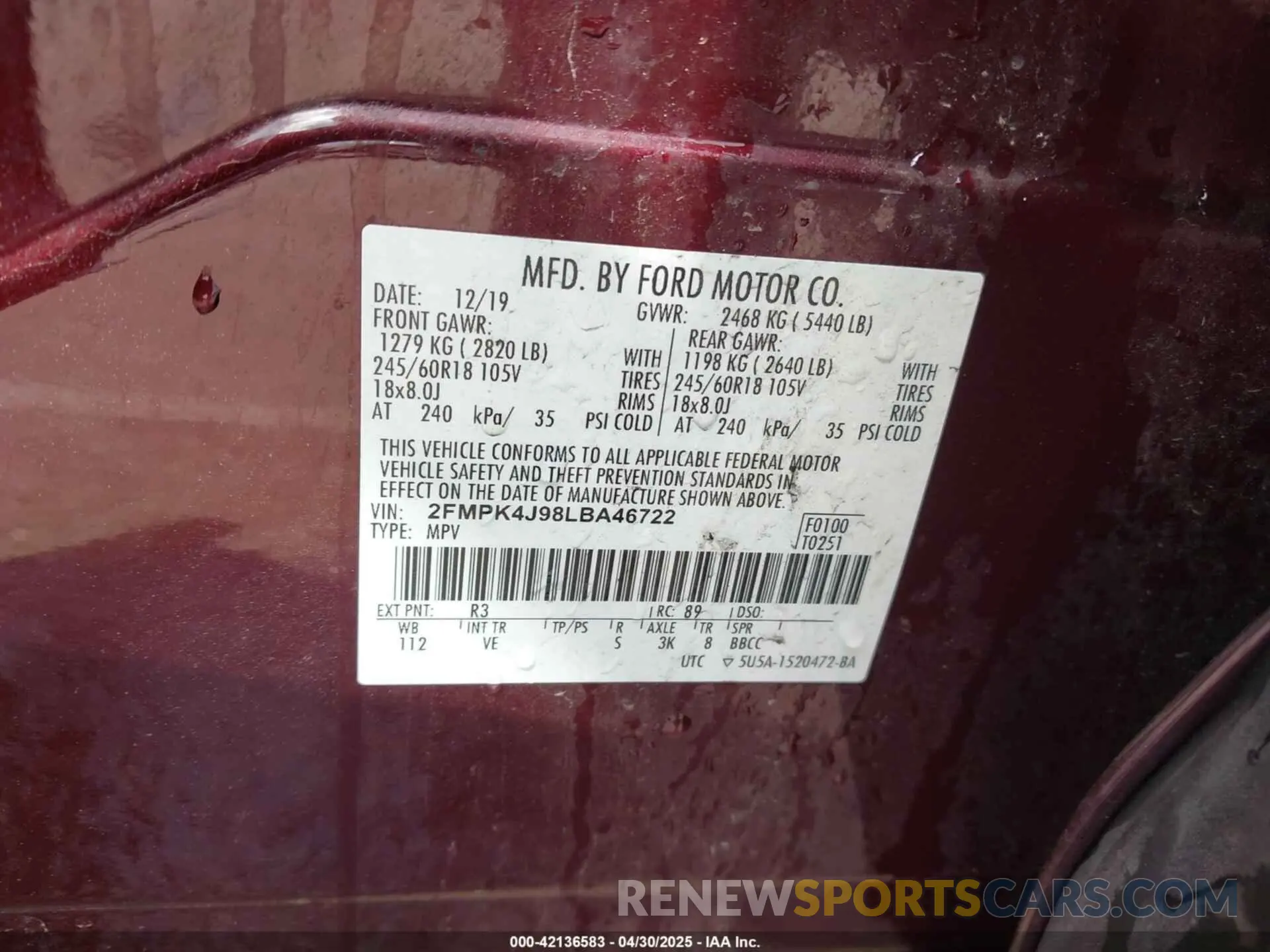 9 Photograph of a damaged car 2FMPK4J98LBA46722 FORD EDGE 2020