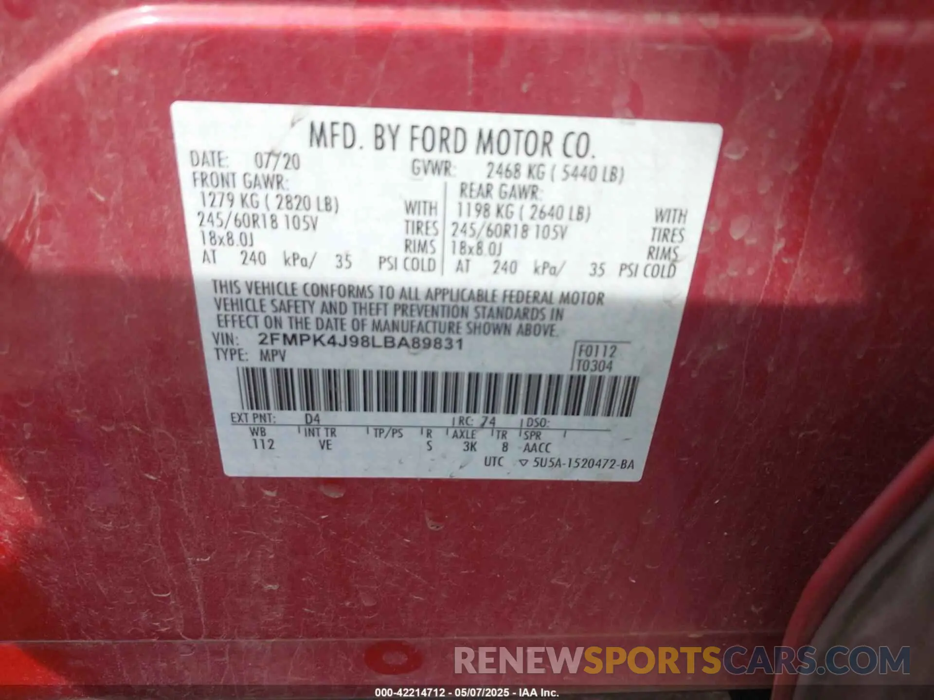 9 Photograph of a damaged car 2FMPK4J98LBA89831 FORD EDGE 2020