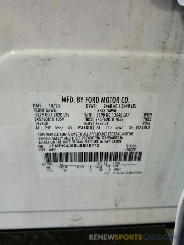 13 Photograph of a damaged car 2FMPK4J98LBB46772 FORD EDGE 2020
