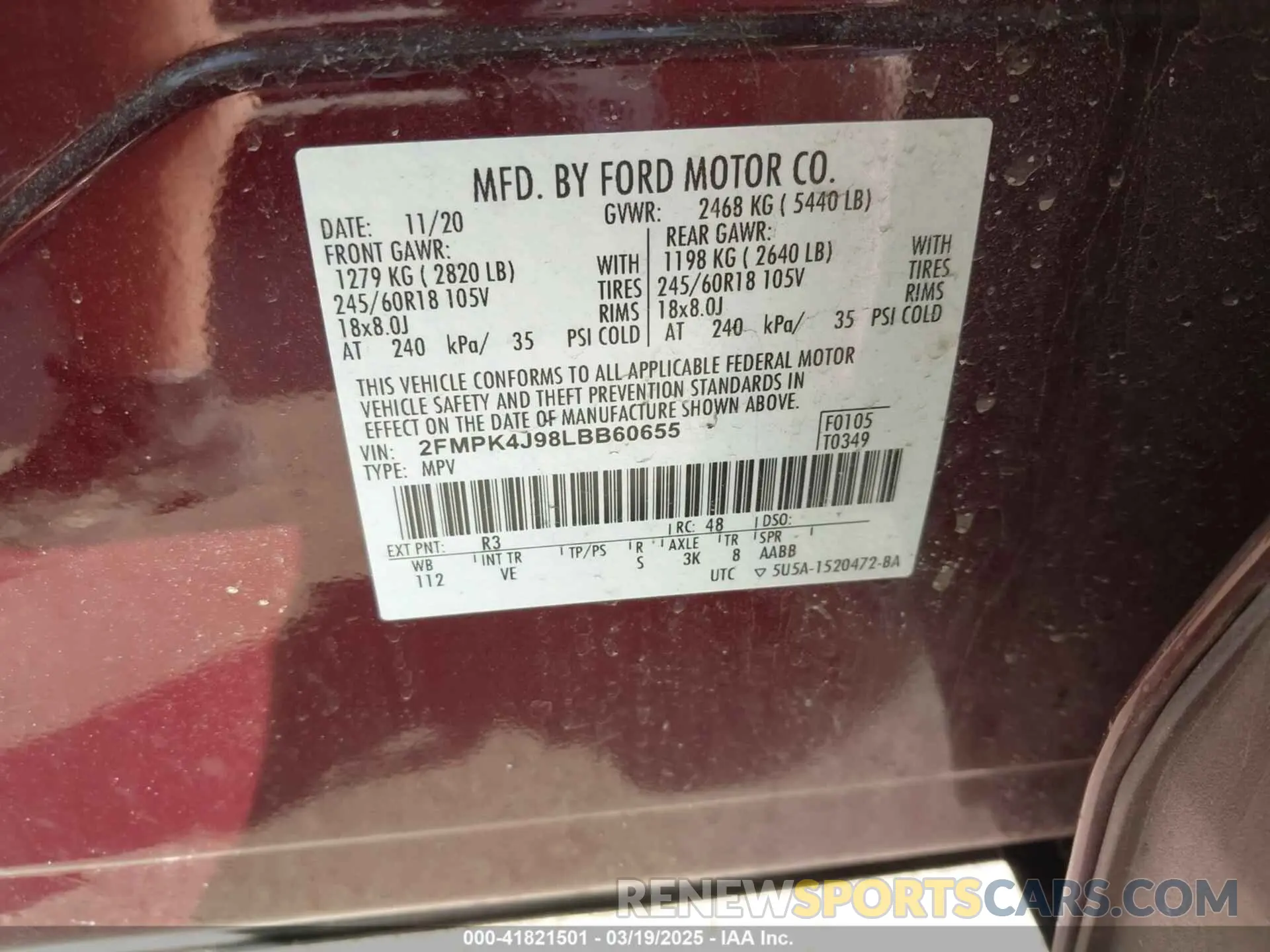 9 Photograph of a damaged car 2FMPK4J98LBB60655 FORD EDGE 2020