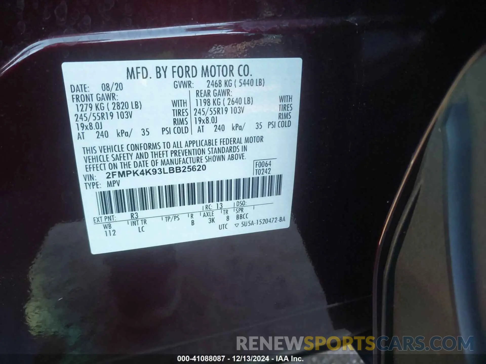 9 Photograph of a damaged car 2FMPK4K93LBB25620 FORD EDGE 2020