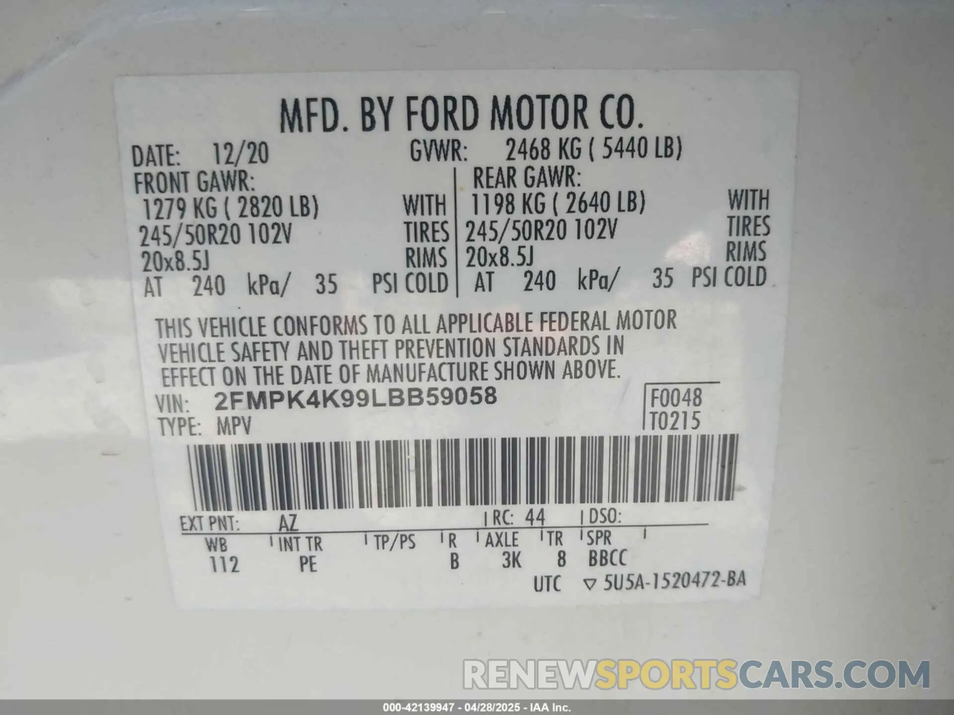 9 Photograph of a damaged car 2FMPK4K99LBB59058 FORD EDGE 2020