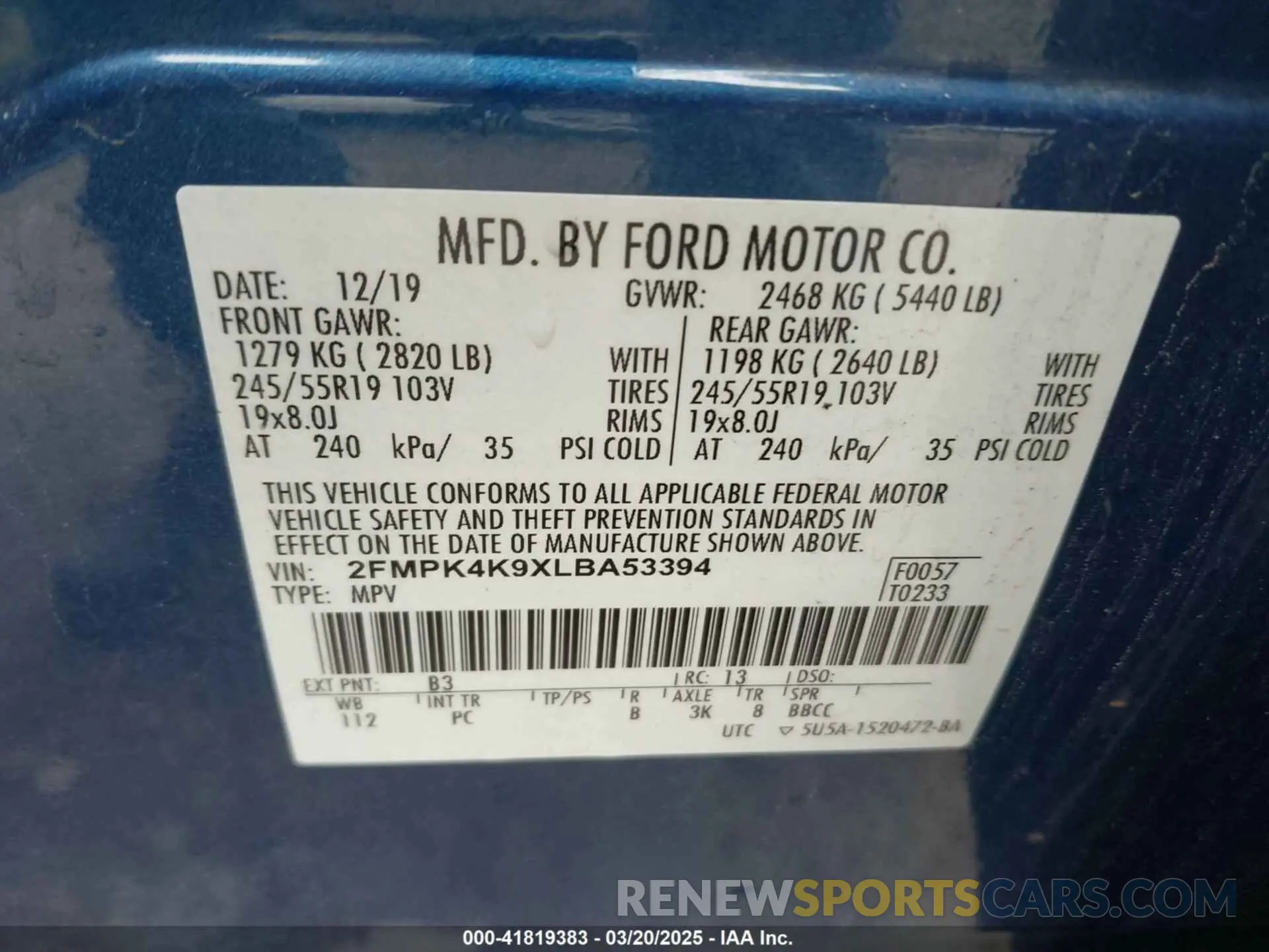 9 Photograph of a damaged car 2FMPK4K9XLBA53394 FORD EDGE 2020