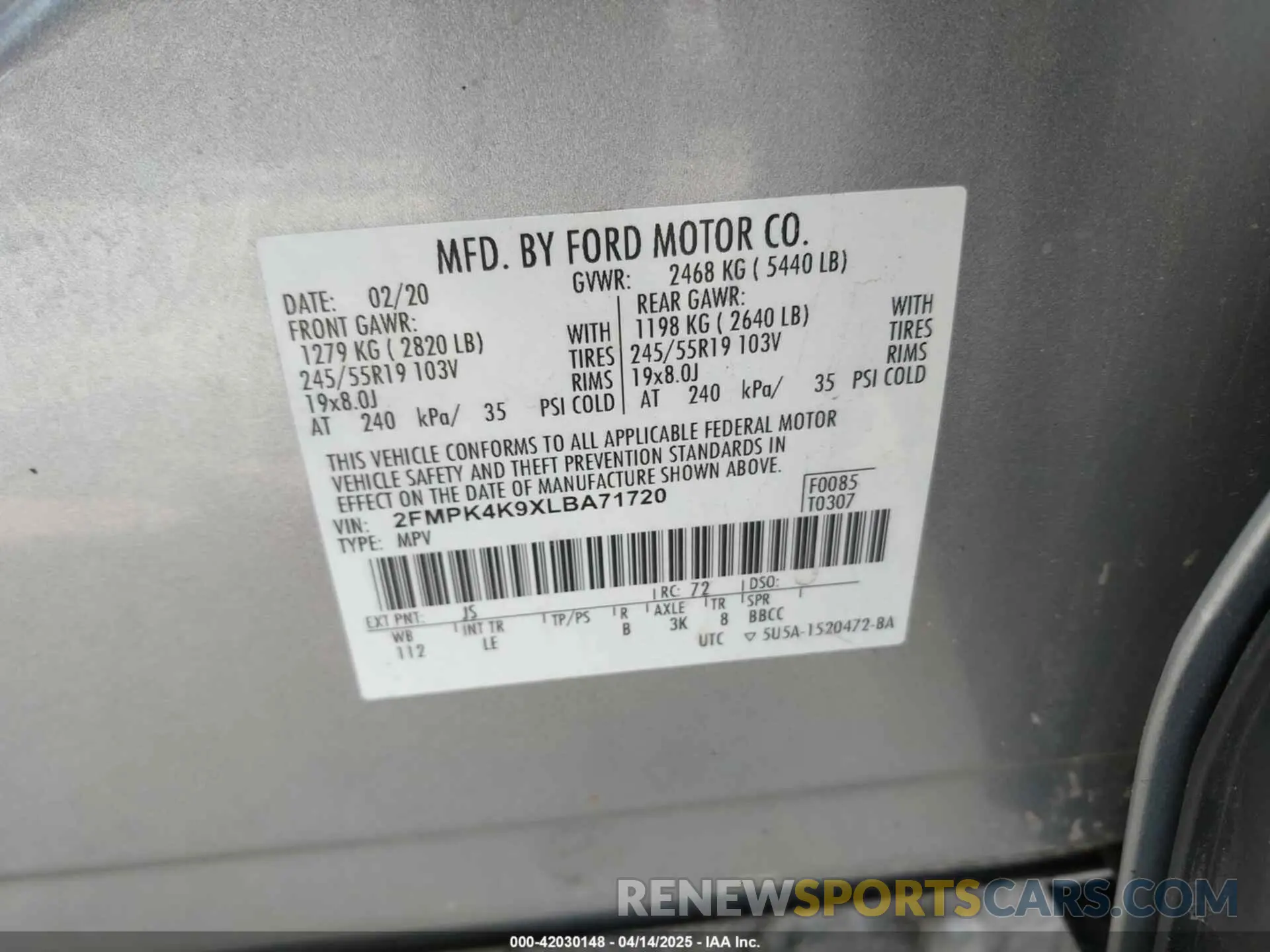 9 Photograph of a damaged car 2FMPK4K9XLBA71720 FORD EDGE 2020