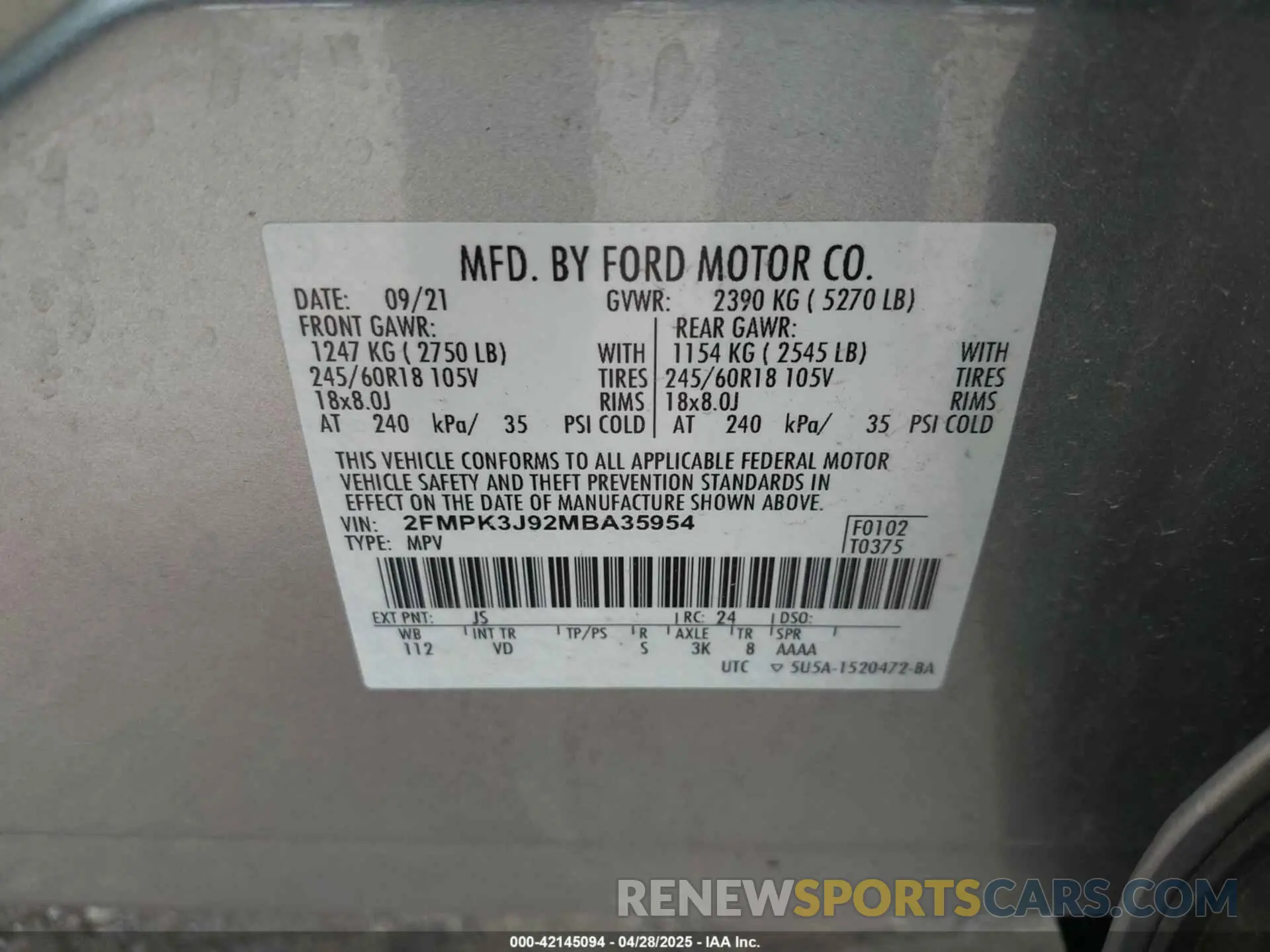 9 Photograph of a damaged car 2FMPK3J92MBA35954 FORD EDGE 2021