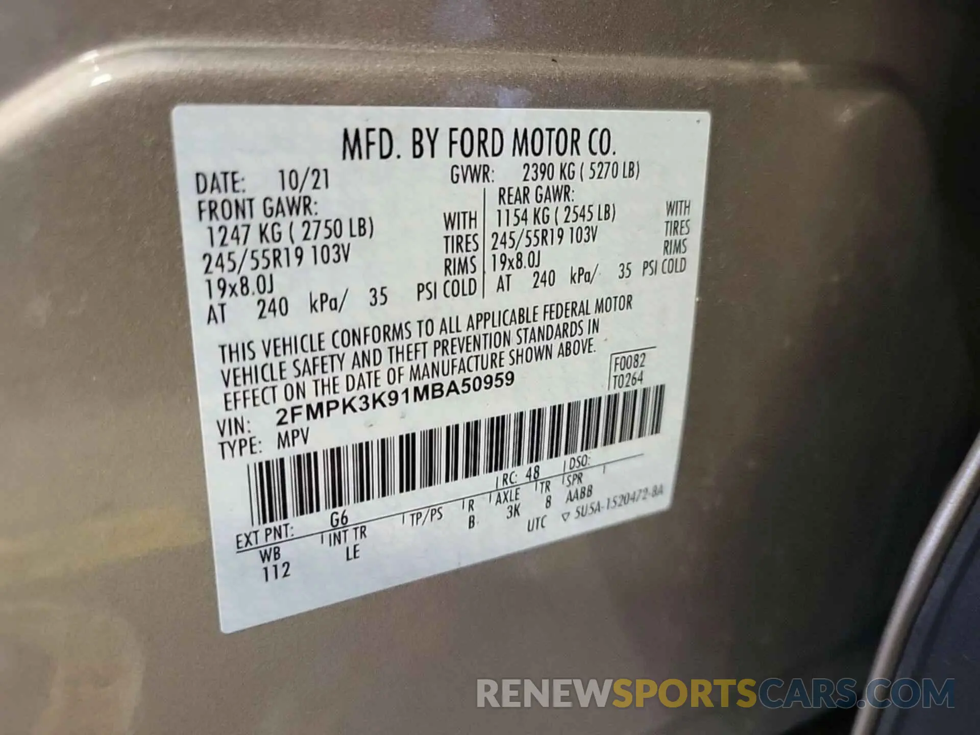 10 Photograph of a damaged car 2FMPK3K91MBA50959 FORD EDGE 2021
