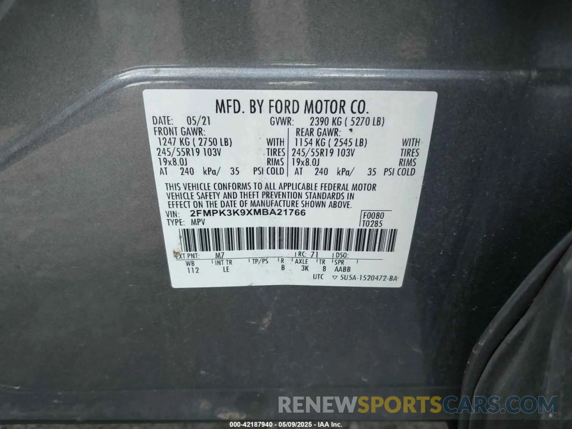 9 Photograph of a damaged car 2FMPK3K9XMBA21766 FORD EDGE 2021