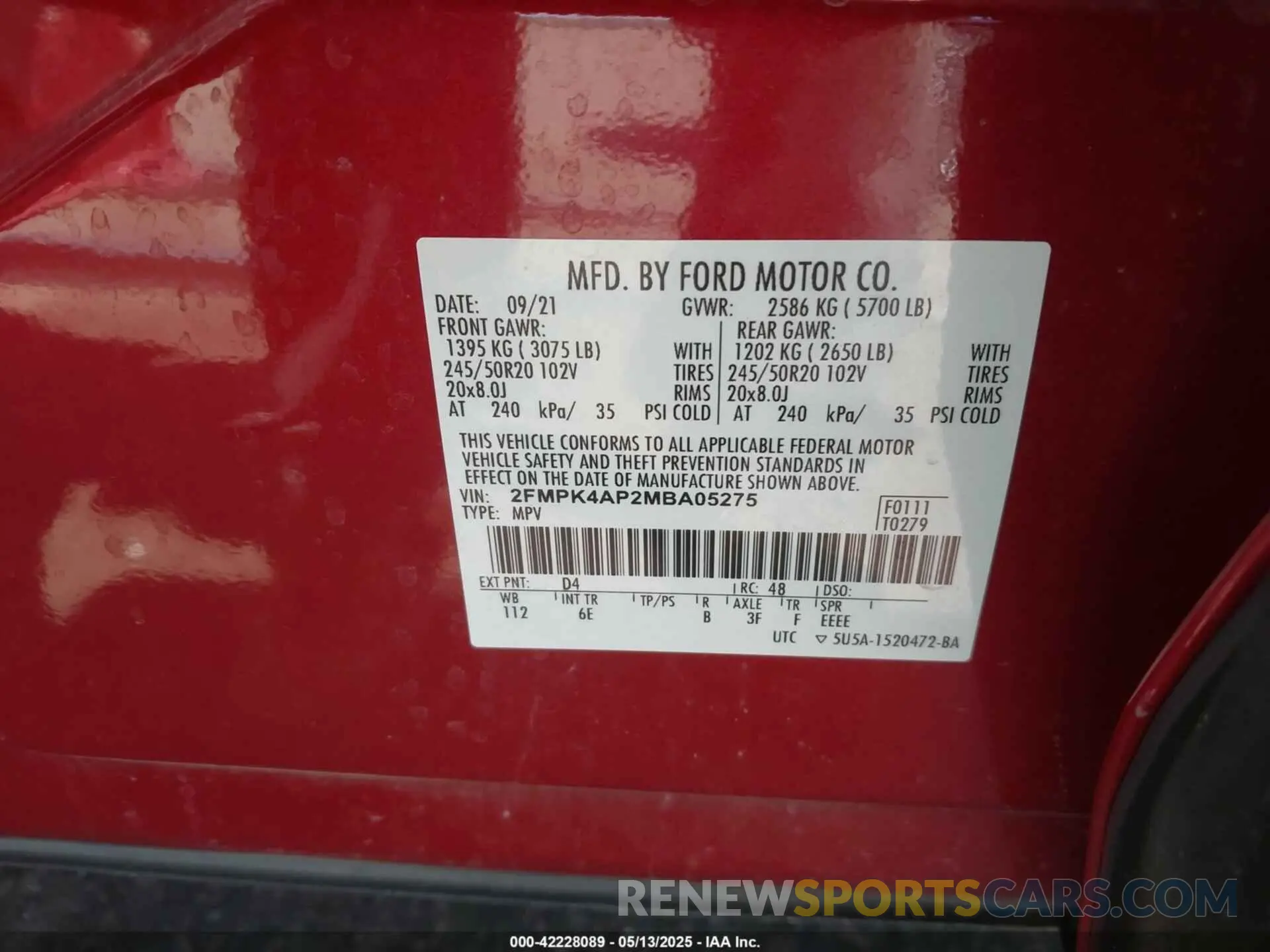 9 Photograph of a damaged car 2FMPK4AP2MBA05275 FORD EDGE 2021